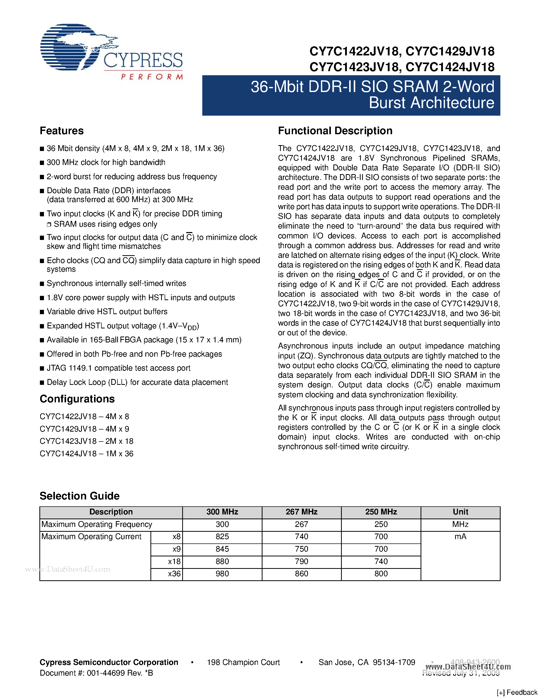 Даташит CY7C1422JV18 - 36-Mbit DDR-II SIO SRAM 2-Word Burst Architecture страница 1