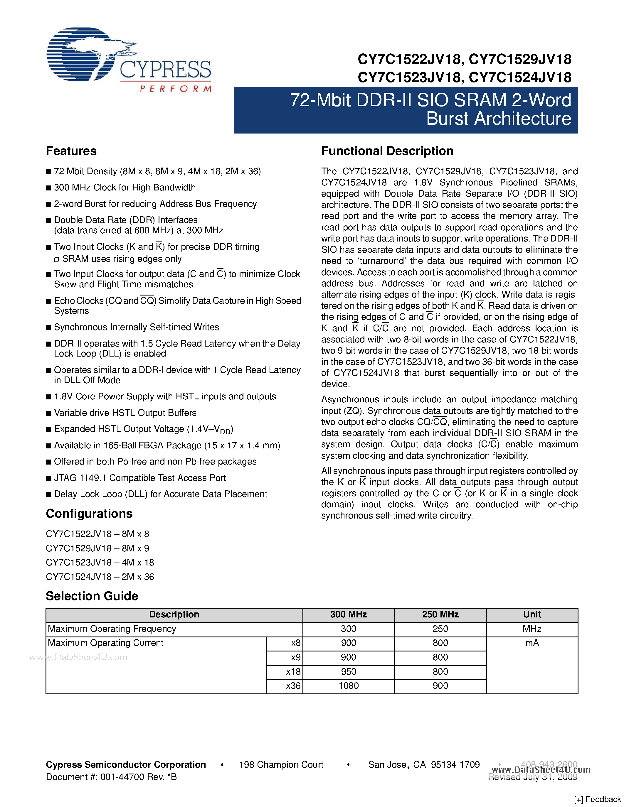 Даташит CY7C1522JV18 - 72-Mbit DDR-II SIO SRAM 2-Word Burst Architecture страница 1