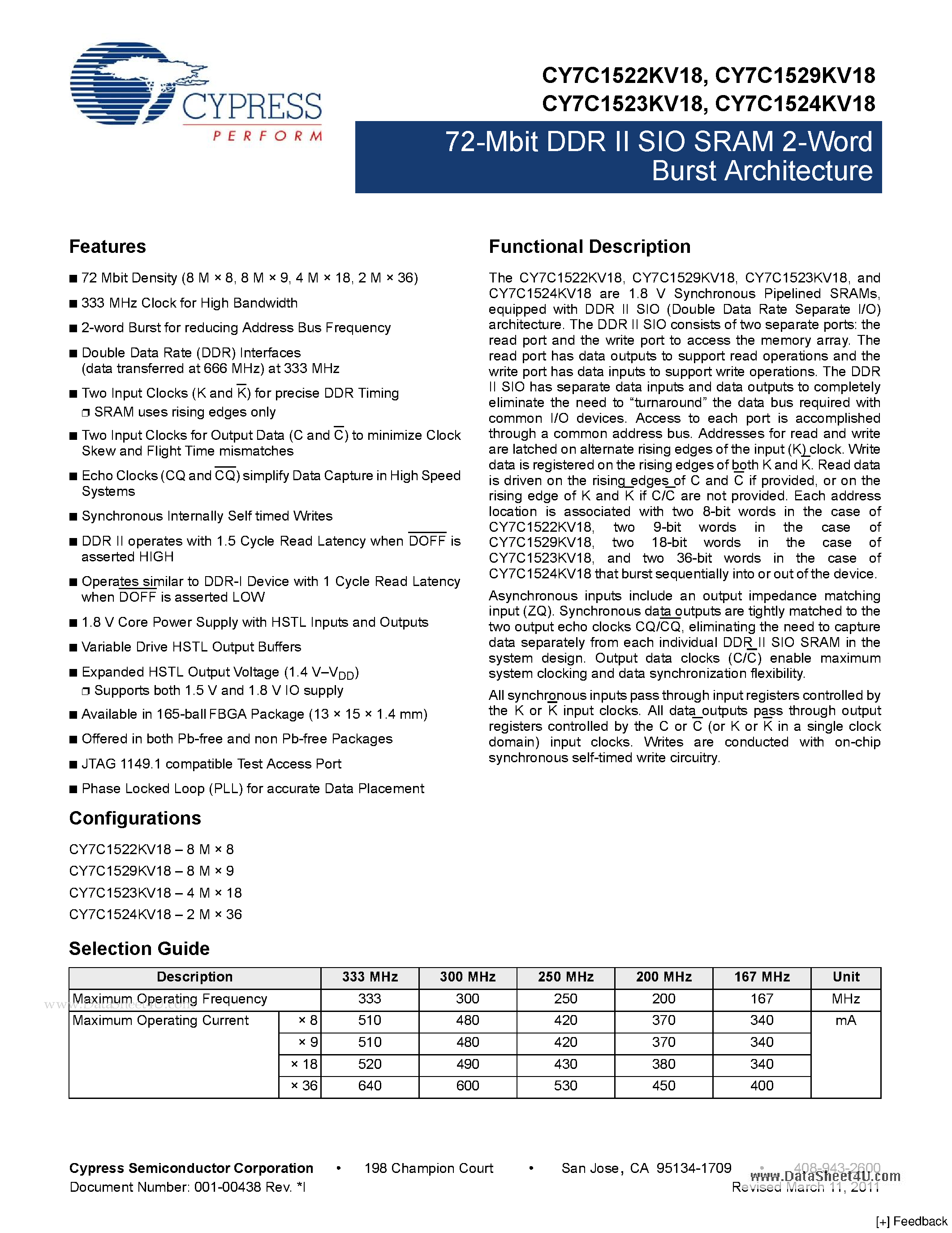Даташит CY7C1522KV18 - 72-Mbit DDR II SIO SRAM 2-Word Burst Architecture страница 1