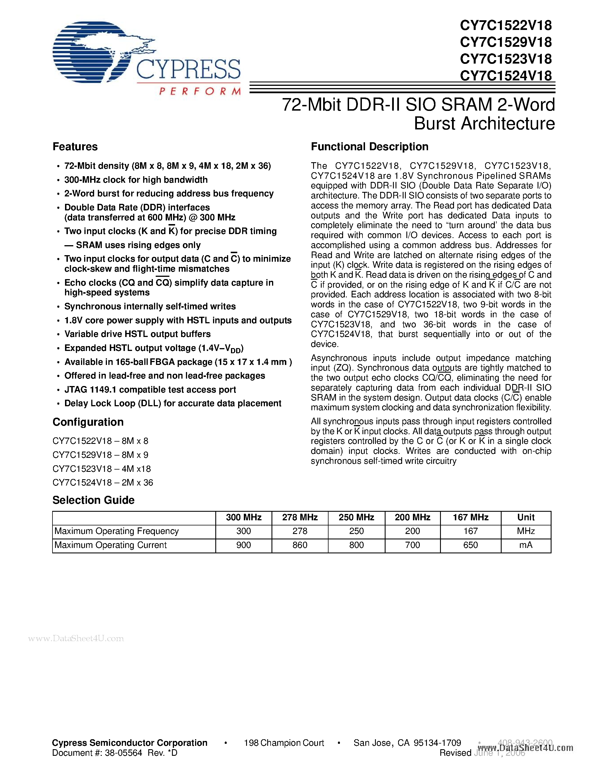 Даташит на микросхему CY7C1522V18 страница 1 Даташит CY7C1522V18 - 72-Mbit DDR-II SIO SRAM 2-Word Burst Architecture страница 1