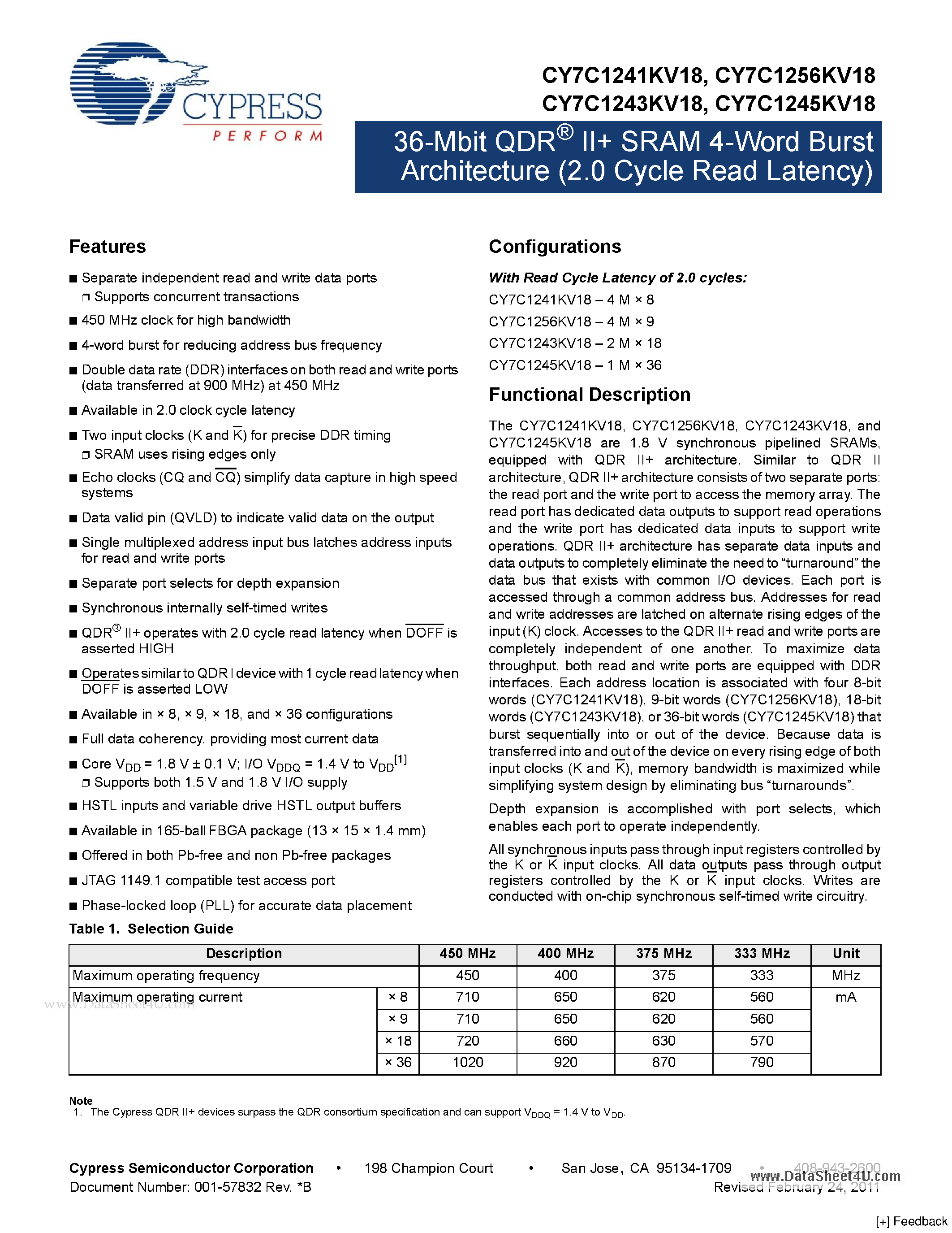 Datasheet CY7C1241KV18 page 1 Datasheet CY7C1241KV18 - 36-Mbit QDR II SRAM 4-Word Burst Architecture page 1