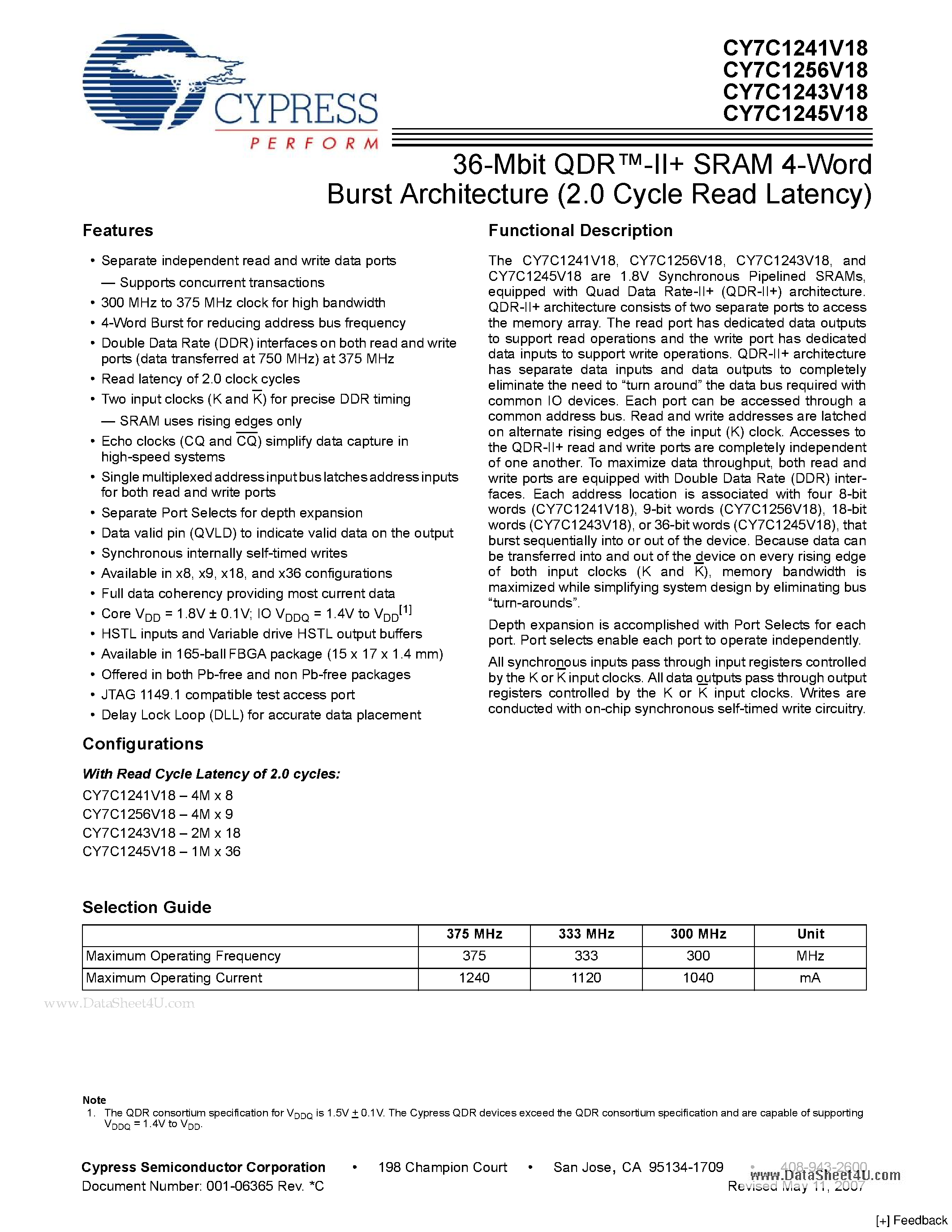 Datasheet CY7C1241V18 page 1 Datasheet CY7C1241V18 - 36-Mbit QDR-II SRAM 4-Word Burst Architecture page 1