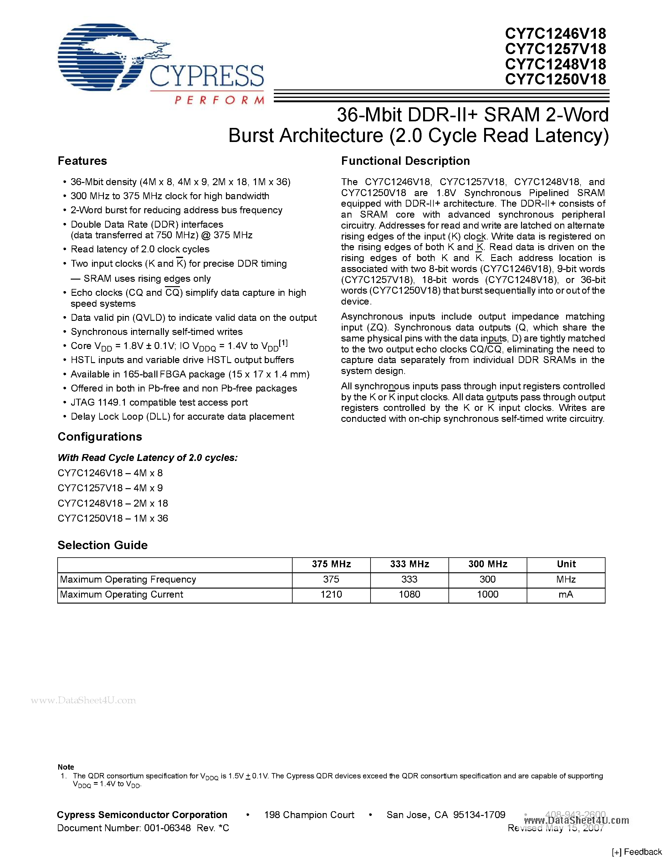 Даташит CY7C1246V18 - 36-Mbit DDR-II SRAM 2-Word Burst Architecture страница 1