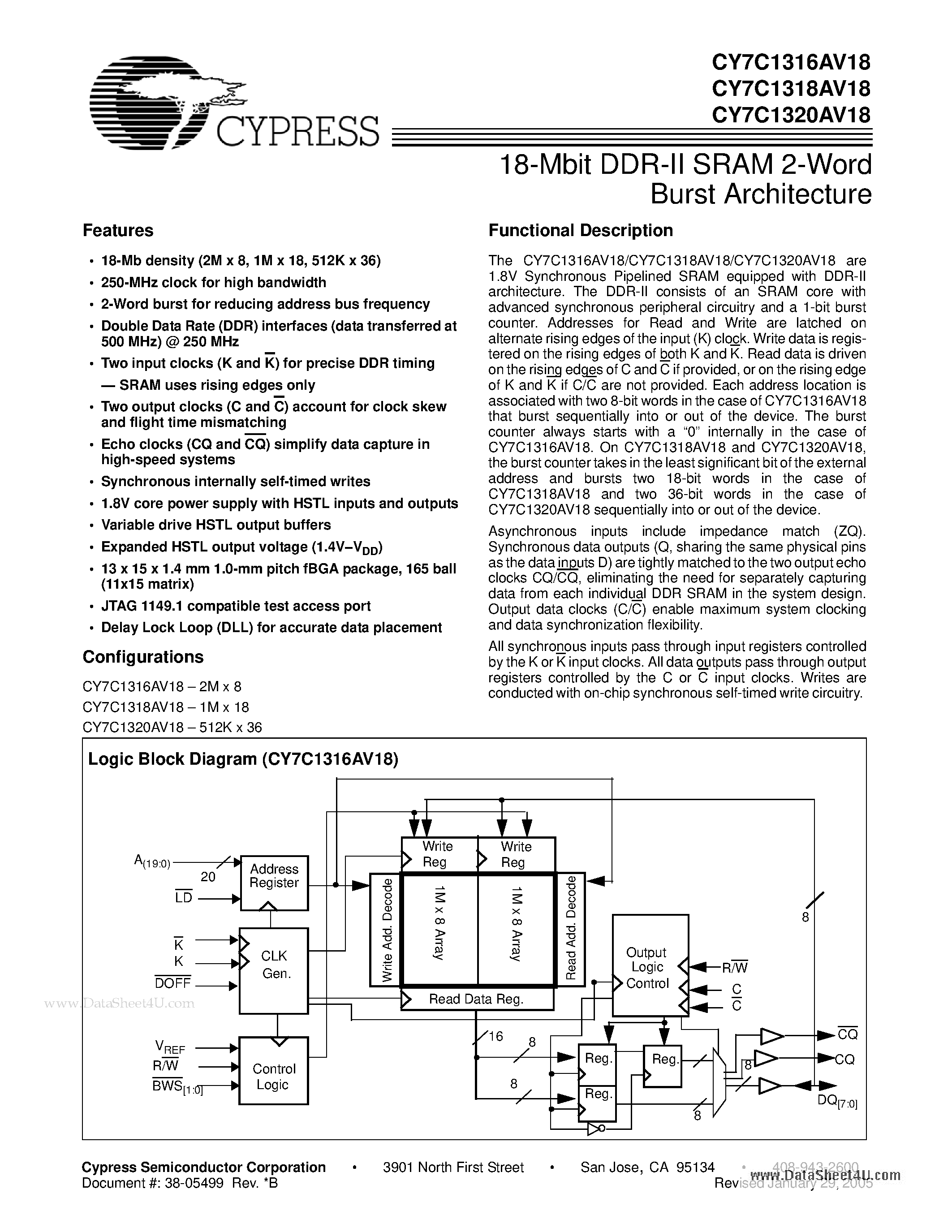 Даташит на микросхему CY7C1316AV18 страница 1 Даташит CY7C1316AV18 - 18-Mbit DDR-II SRAM 2-Word Burst Architecture страница 1