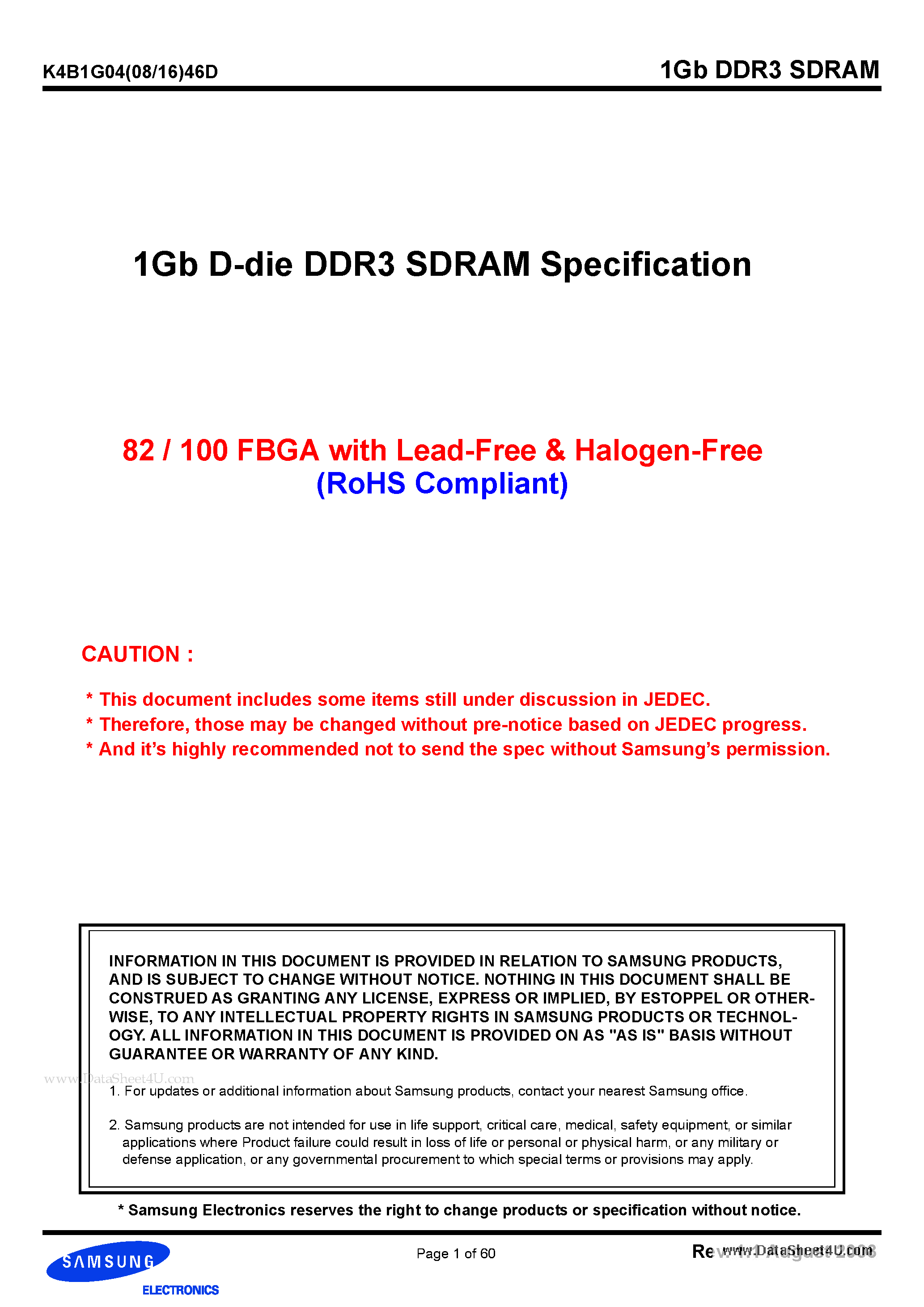 Даташит K4B1G0446D - 1Gb D-die DDR3 SDRAM Specification страница 1