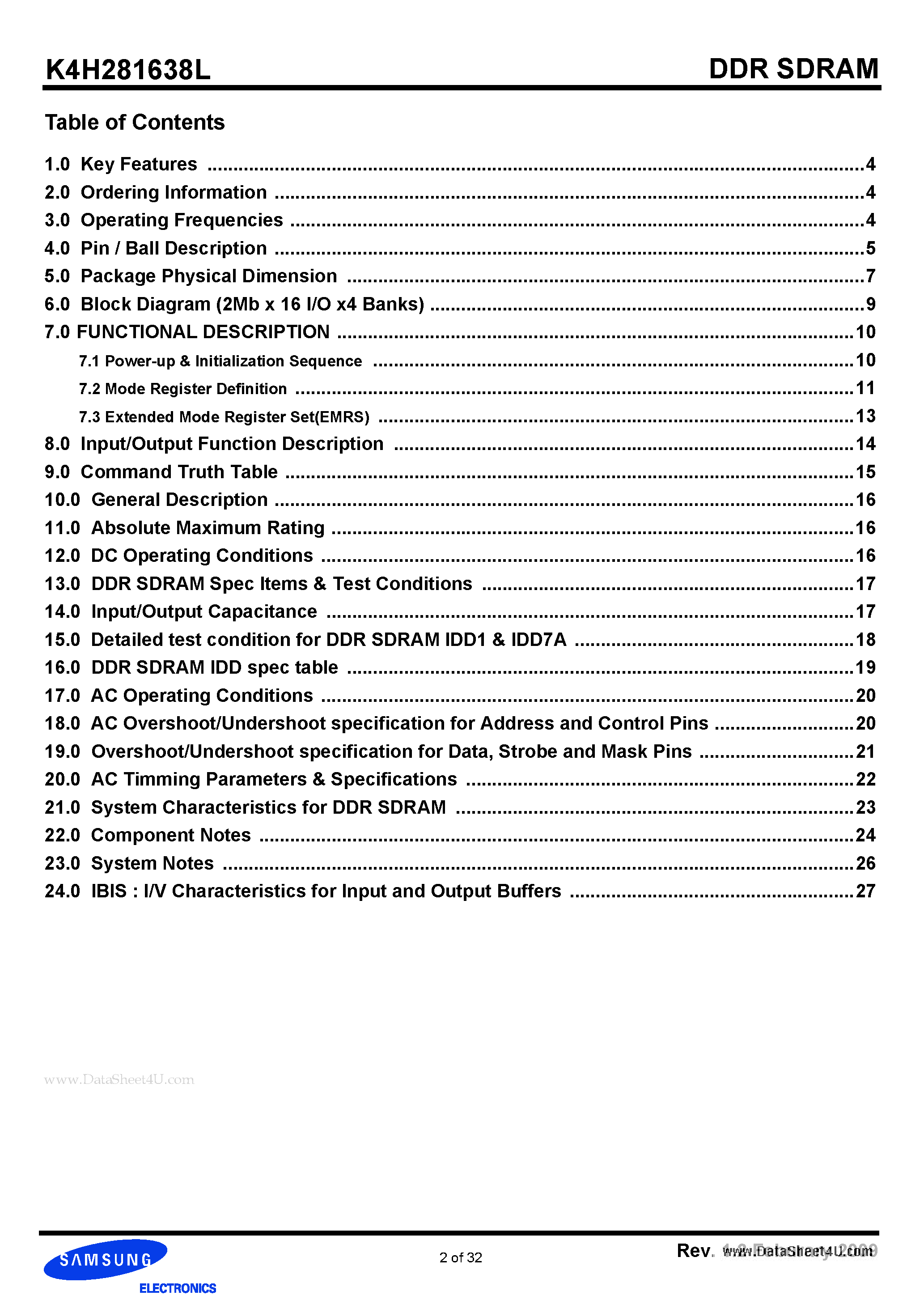 Даташит на микросхему K4H281638L страница 2 Даташит K4H281638L - 128Mb L-die DDR SDRAM Specification страница 2