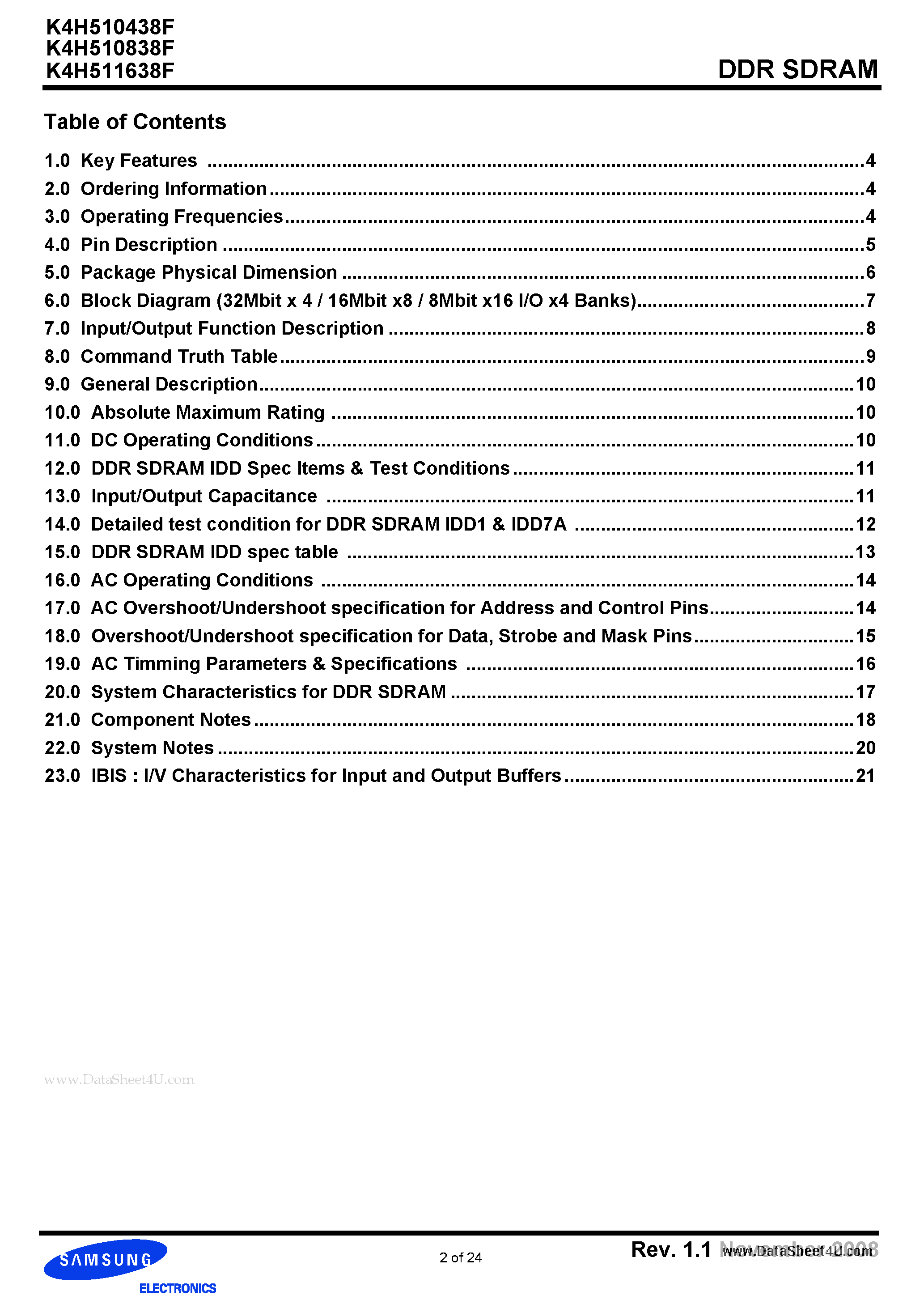 Даташит на микросхему K4H510438F страница 2 Даташит K4H510438F - 512Mb F-die DDR SDRAM Specification страница 2