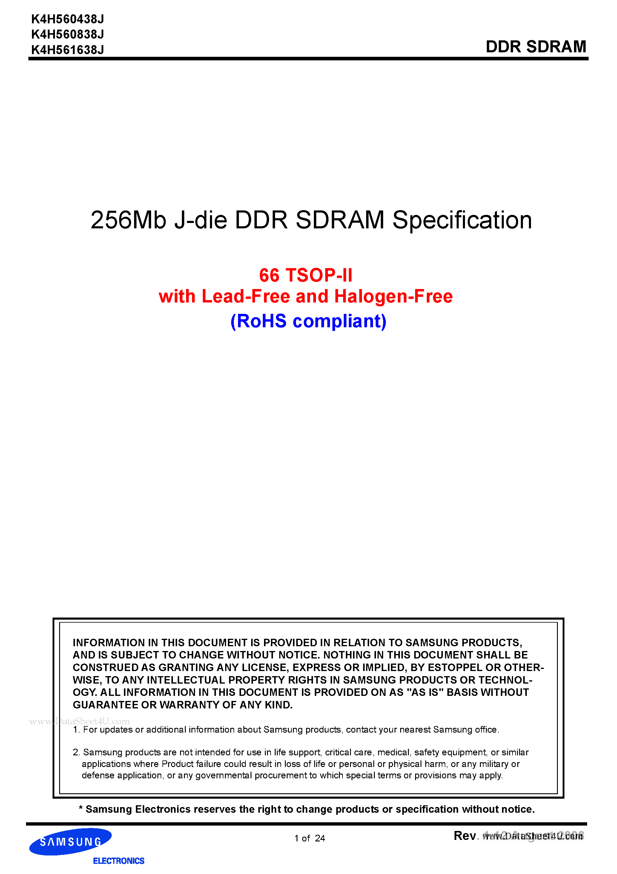 Datasheet K4H560838J page 1 Datasheet K4H560838J - 256Mb J-die DDR SDRAM Specification page 1
