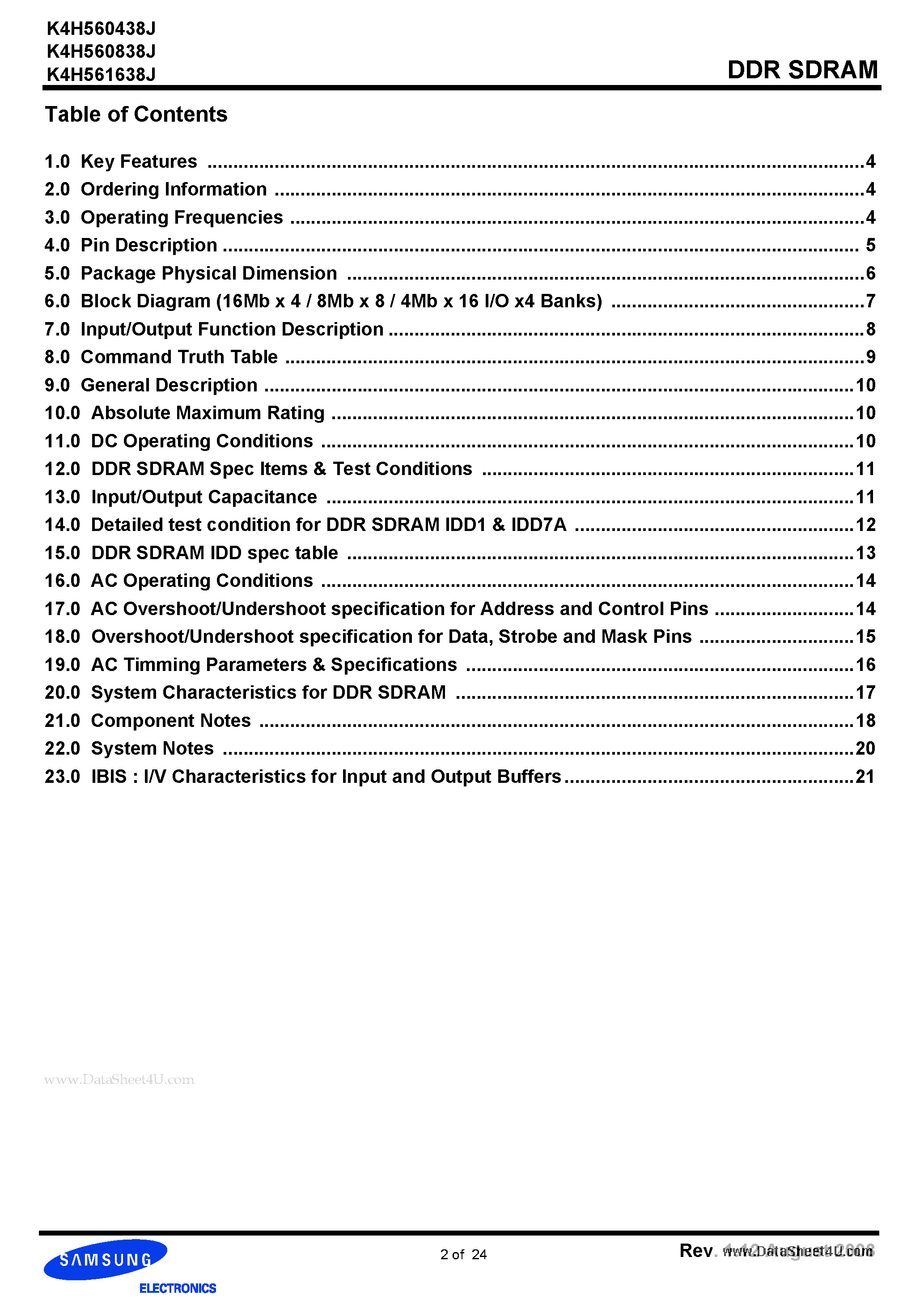 Datasheet K4H560838J page 2 Datasheet K4H560838J - 256Mb J-die DDR SDRAM Specification page 2