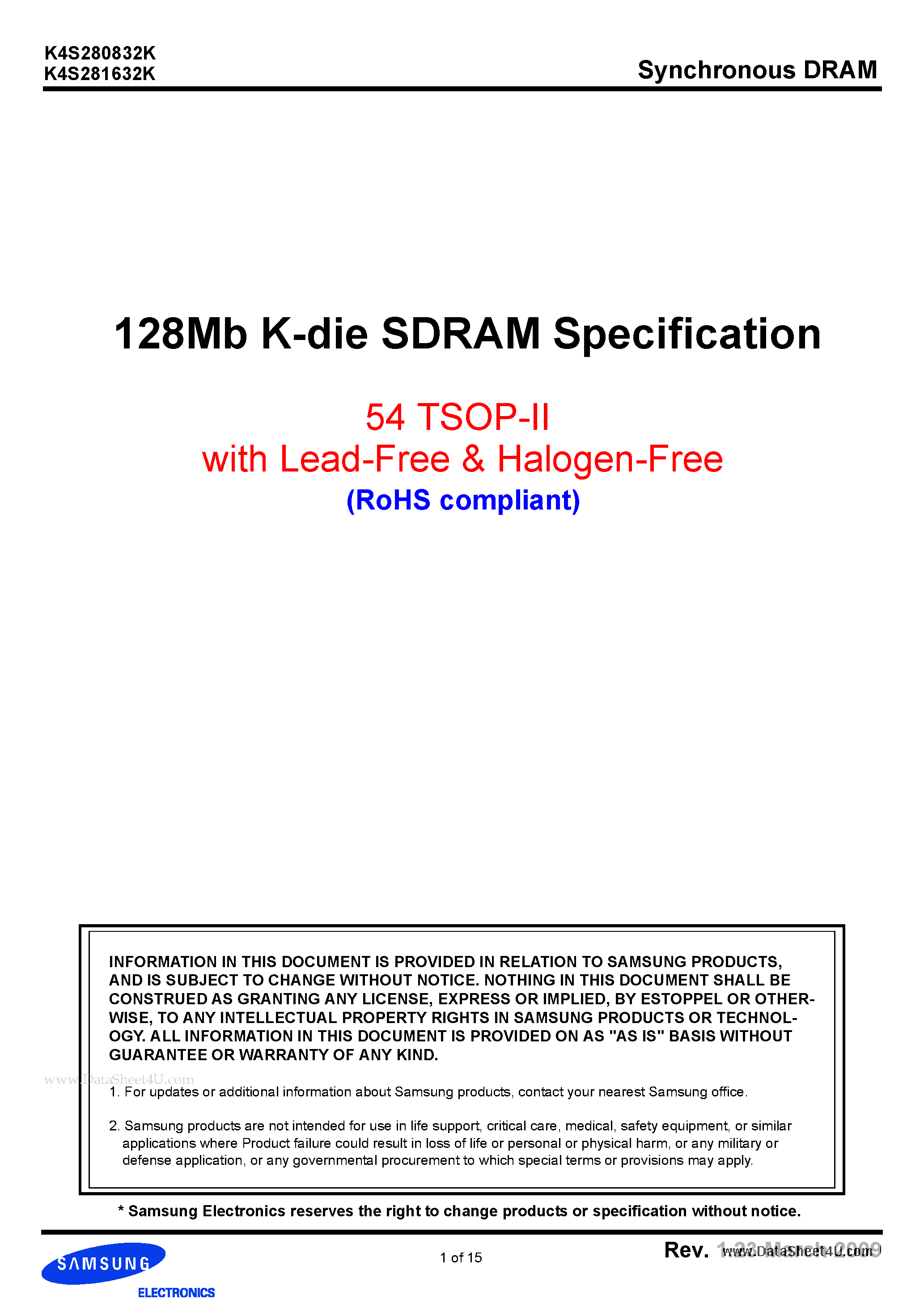 Даташит K4S280832K - 128Mb K-die SDRAM Specification страница 1