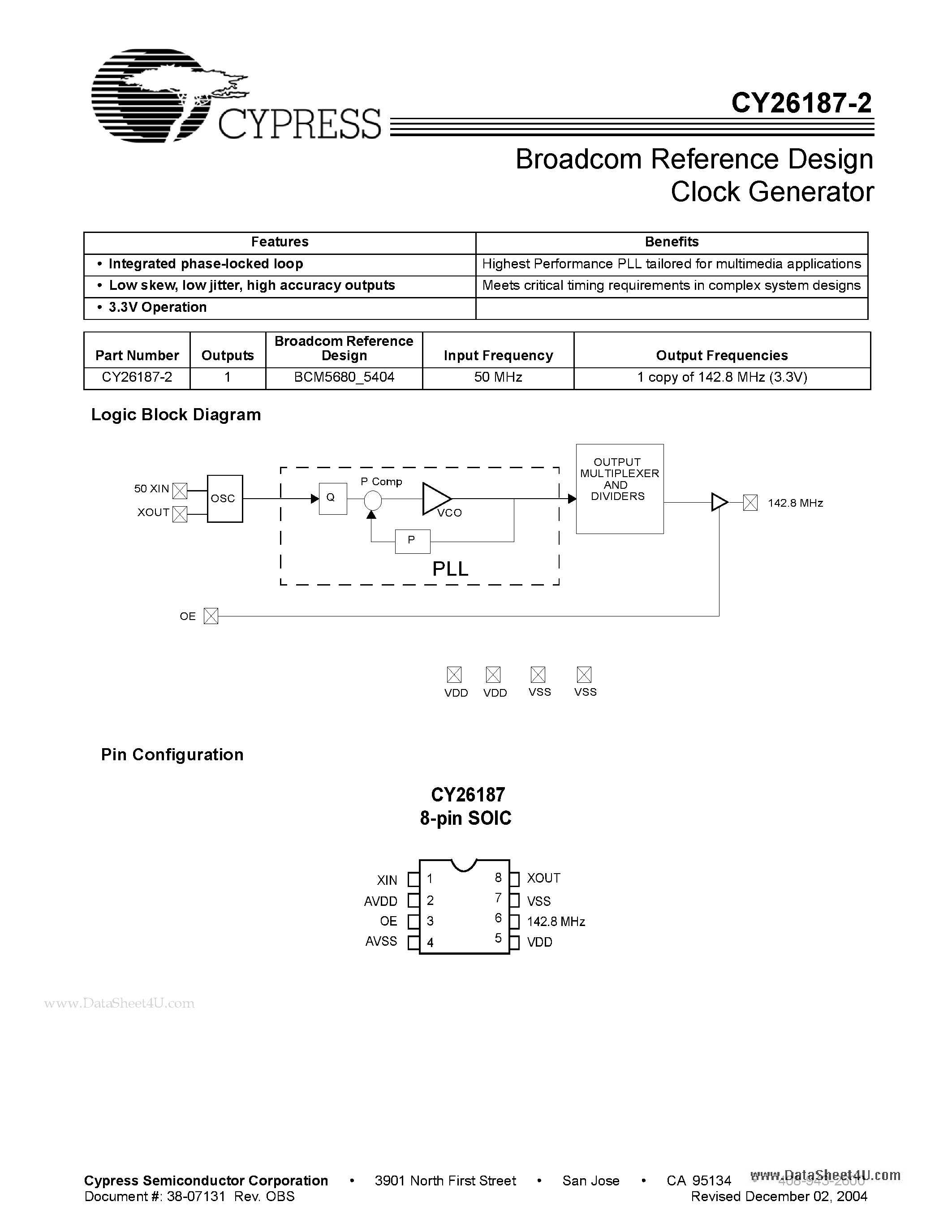 Datasheet CY26187-2 page 2 Datasheet CY26187-2 - Broadcom Reference Design Clock Generator page 2