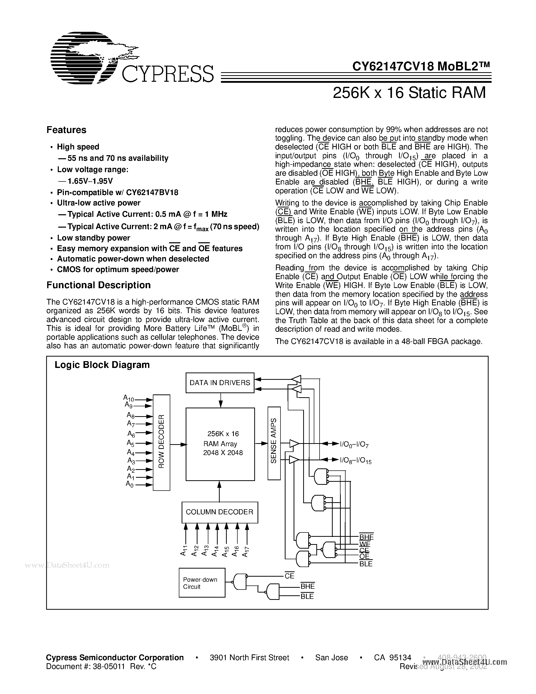 Даташит CY62147CV18 - 256K x 16 Static RAM страница 1