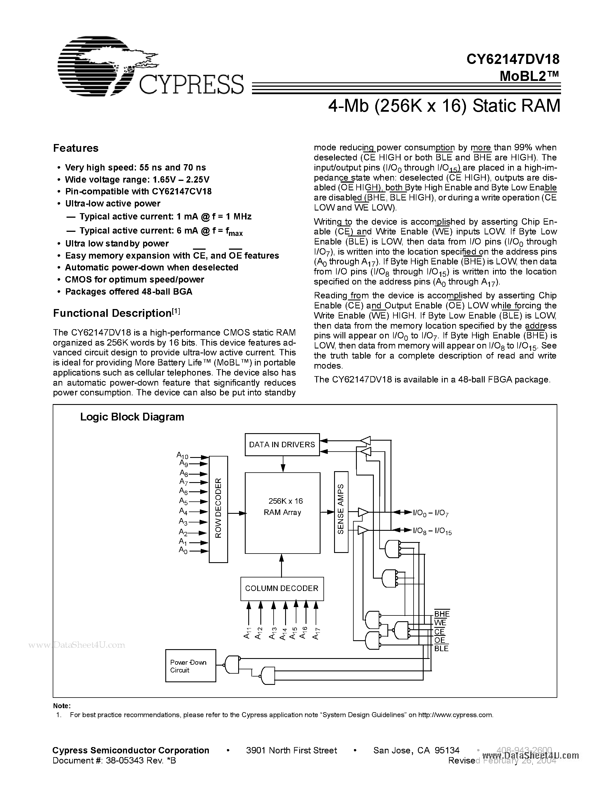 Datasheet CY62147DV18 page 1 Datasheet CY62147DV18 - 4-Mb (256K x 16) Static RAM page 1
