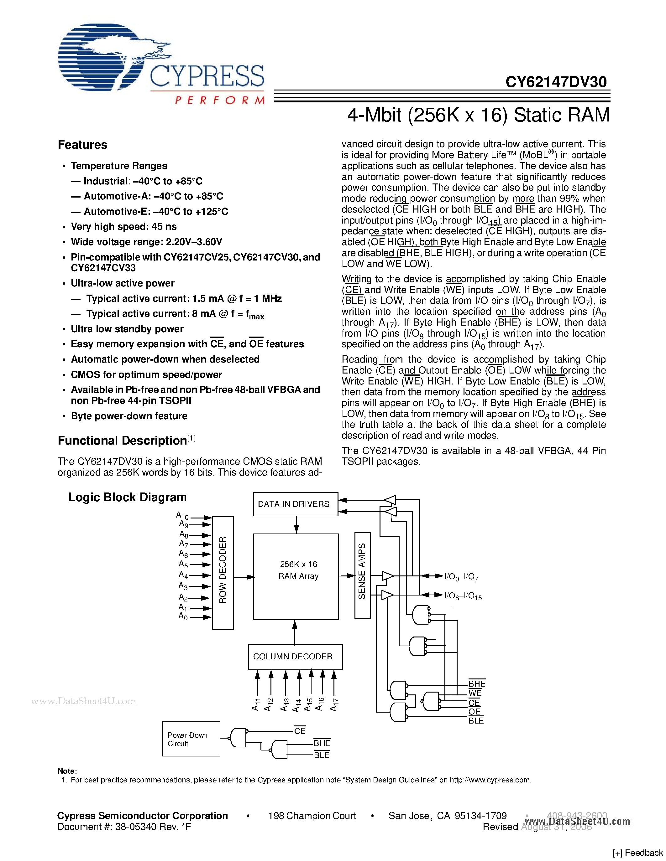 Даташит на микросхему CY62147DV30 страница 1 Даташит CY62147DV30 - 4-Mbit (256K x 16) Static RAM страница 1