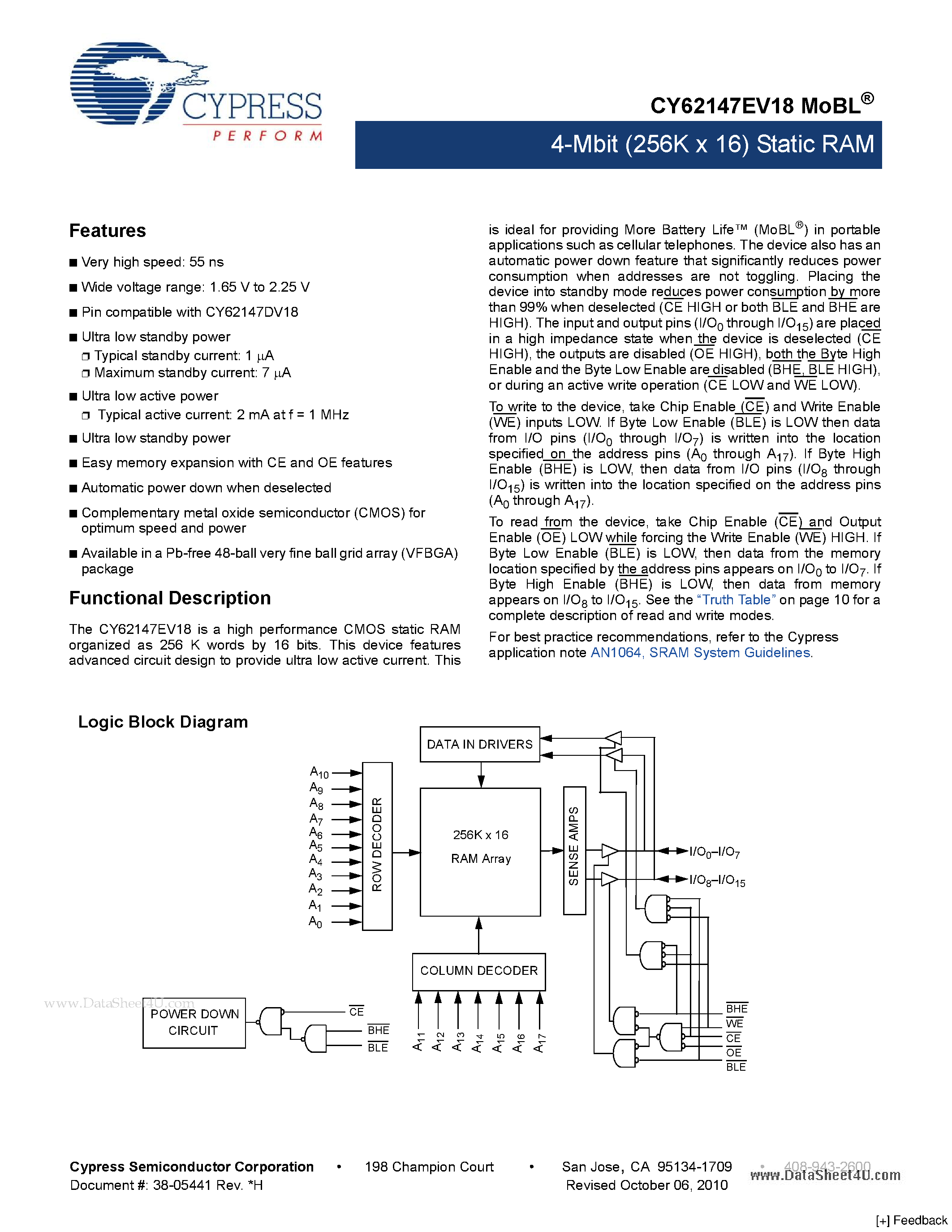 Datasheet CY62147EV18 page 1 Datasheet CY62147EV18 - 4-Mbit (256K x 16) Static RAM page 1