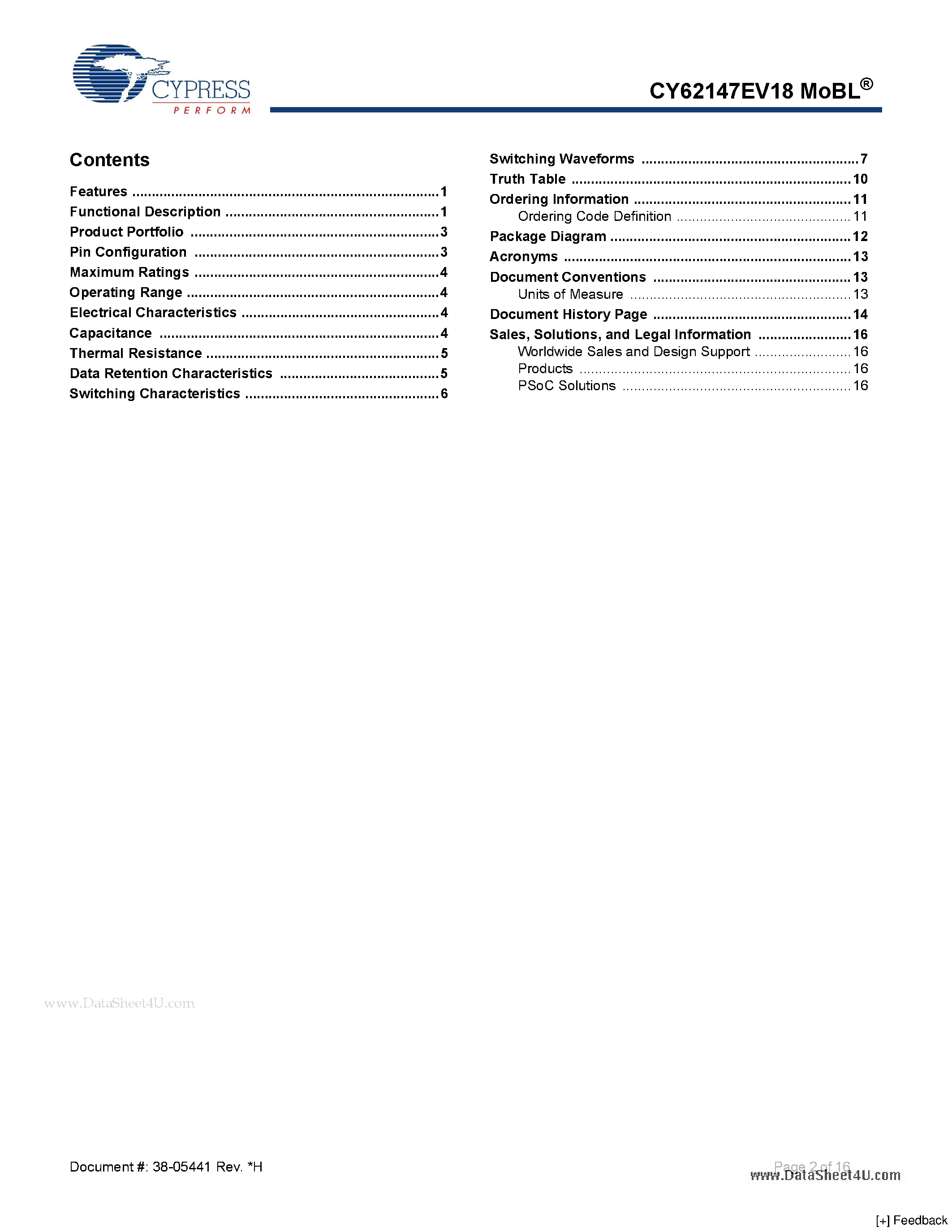 Datasheet CY62147EV18 page 2 Datasheet CY62147EV18 - 4-Mbit (256K x 16) Static RAM page 2