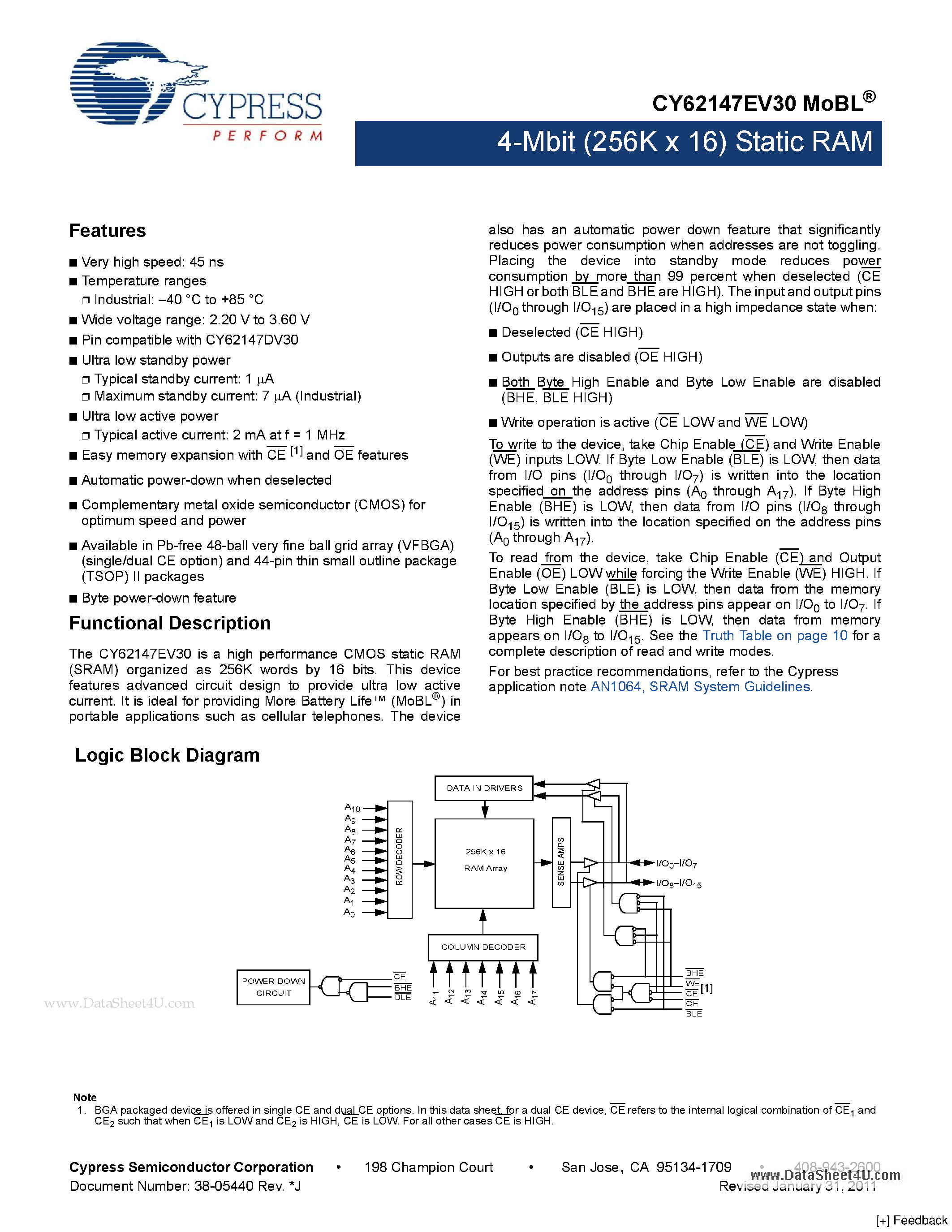 Datasheet CY62147EV30 page 1 Datasheet CY62147EV30 - 4-Mbit (256K x 16) Static RAM page 1