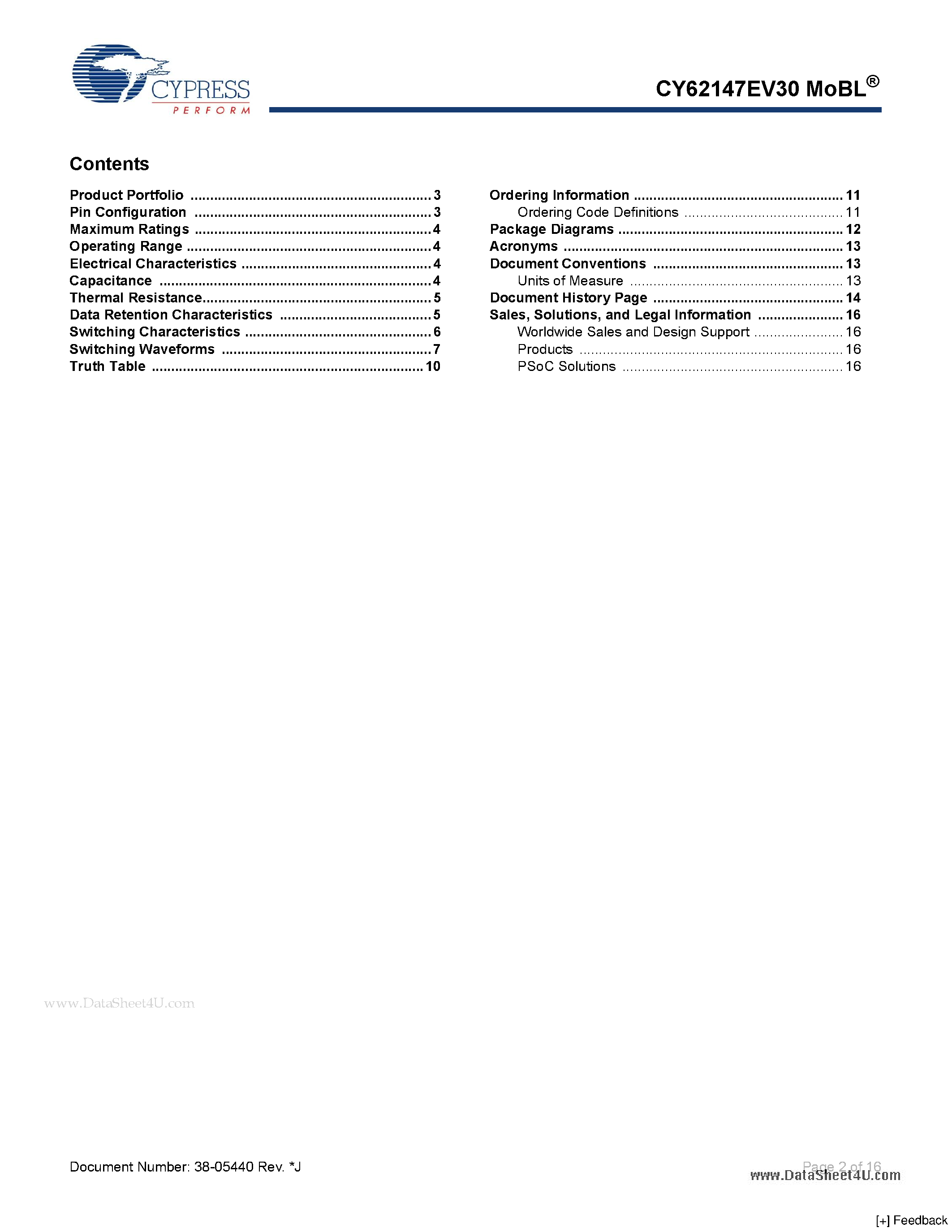 Datasheet CY62147EV30 page 2 Datasheet CY62147EV30 - 4-Mbit (256K x 16) Static RAM page 2
