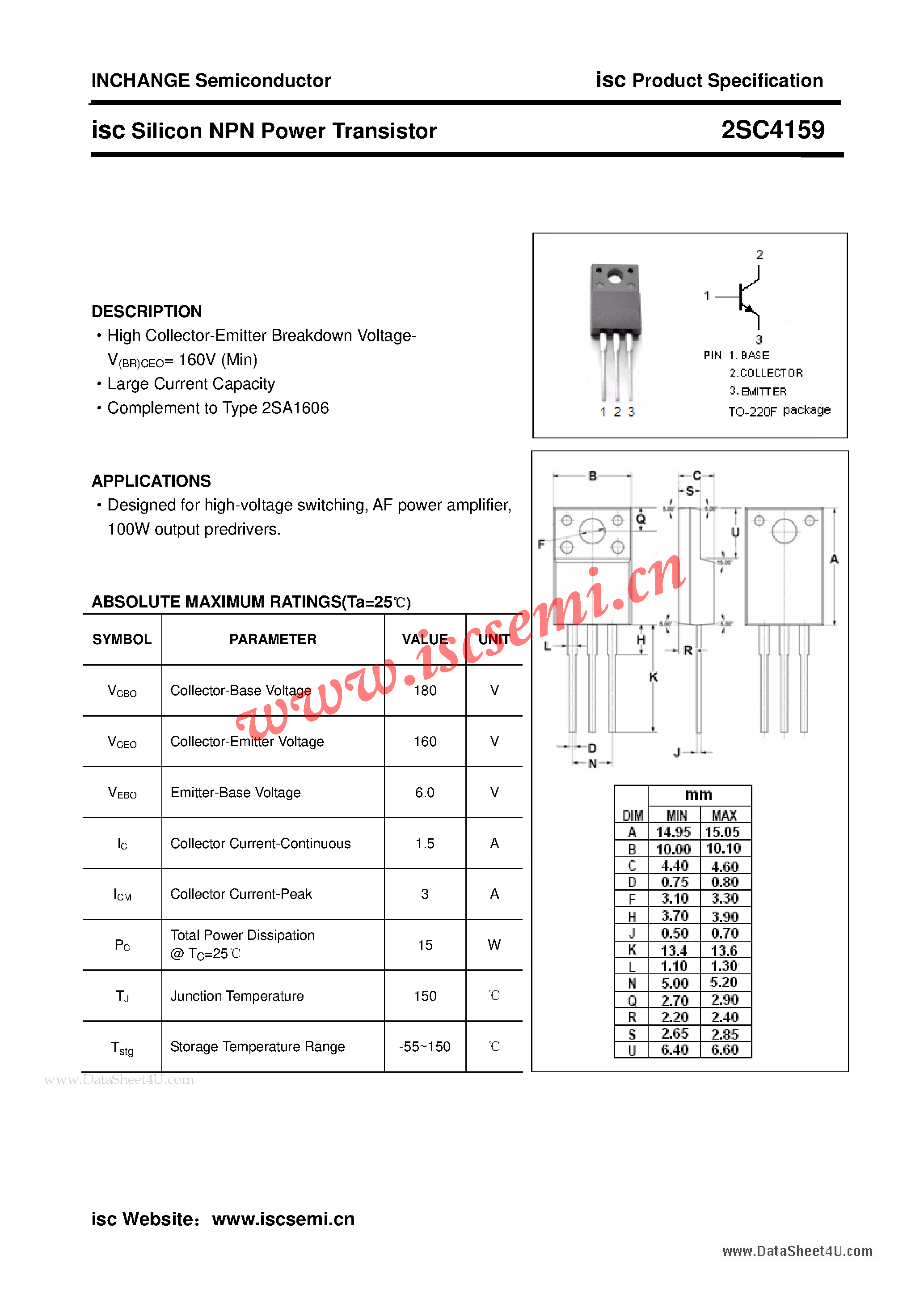 Даташит 2sc4159 - Silicon NPN Power Transistor страница 1