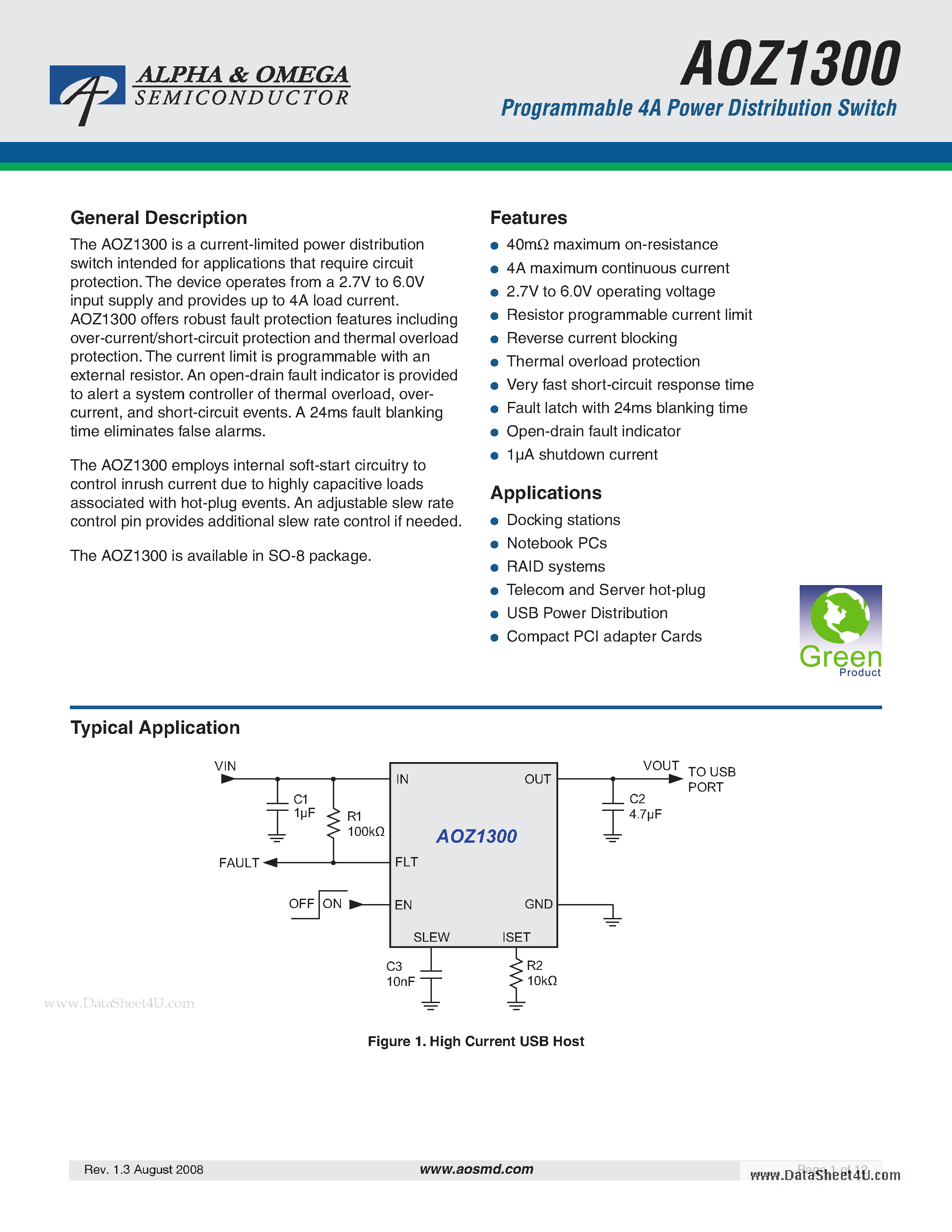 Даташит на микросхему AOZ1300 страница 1 Даташит AOZ1300 - Programmable 4A Power Distribution Switch страница 1