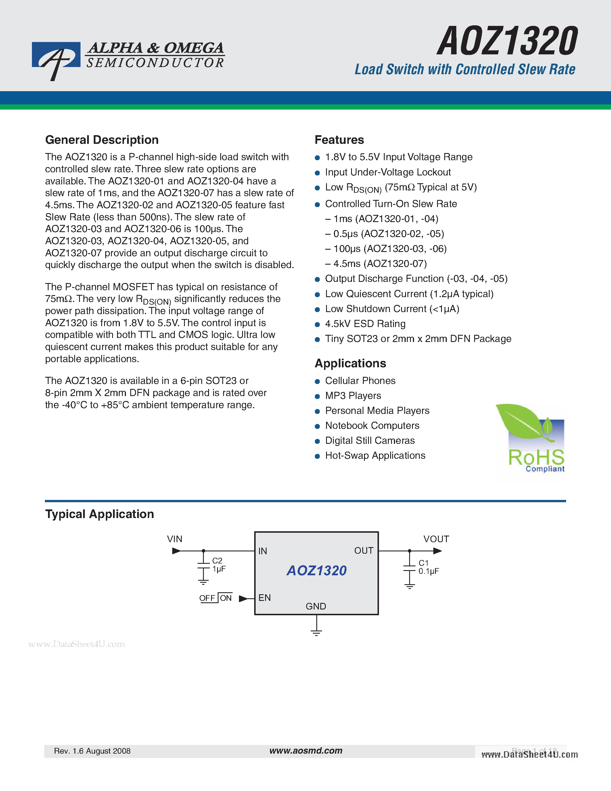 Даташит AOZ1320 - Load Switch with Controlled Slew Rate страница 1