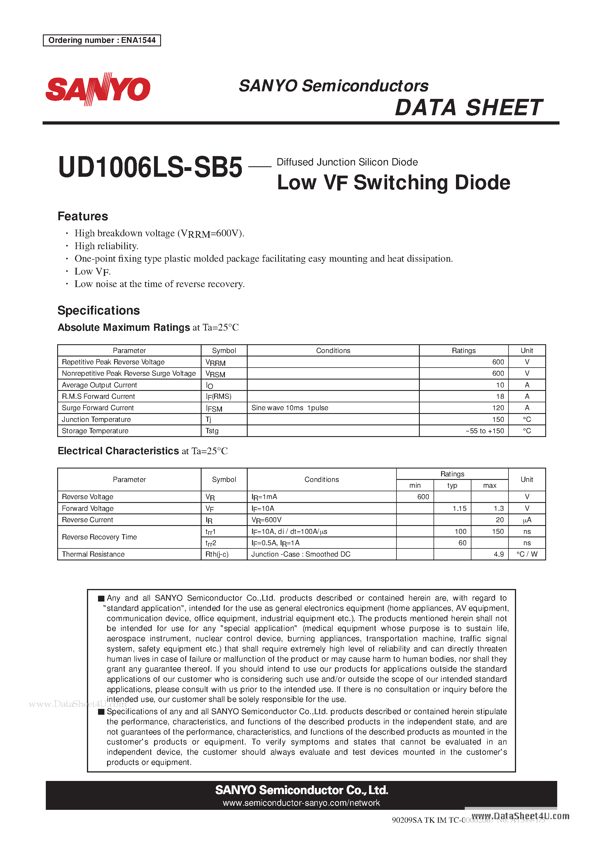 Datasheet UD1006LS-SB5 - Low VF Switching Diode page 1