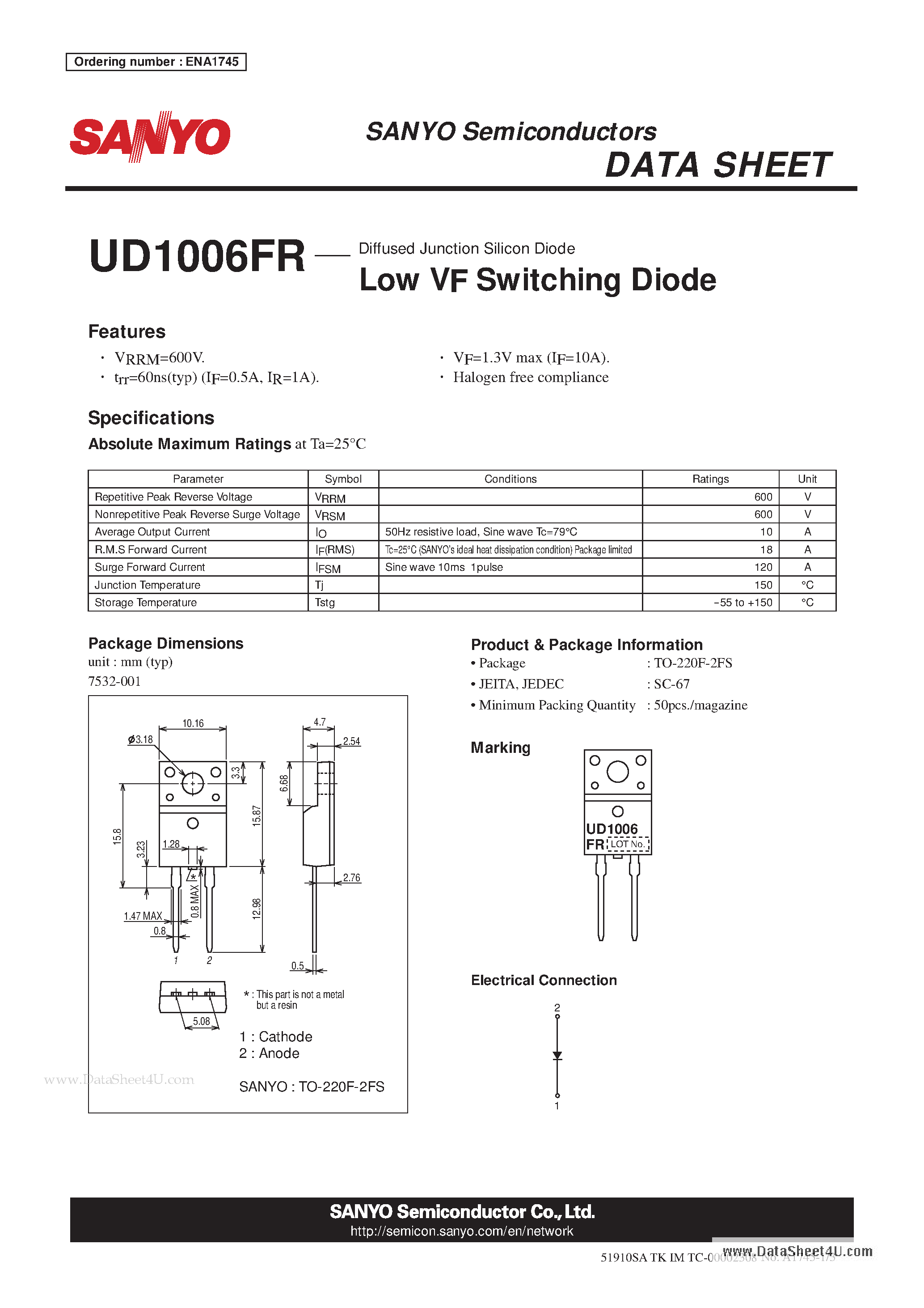 Datasheet UD1006FR page 1 Datasheet UD1006FR - Low VF Switching Diode page 1