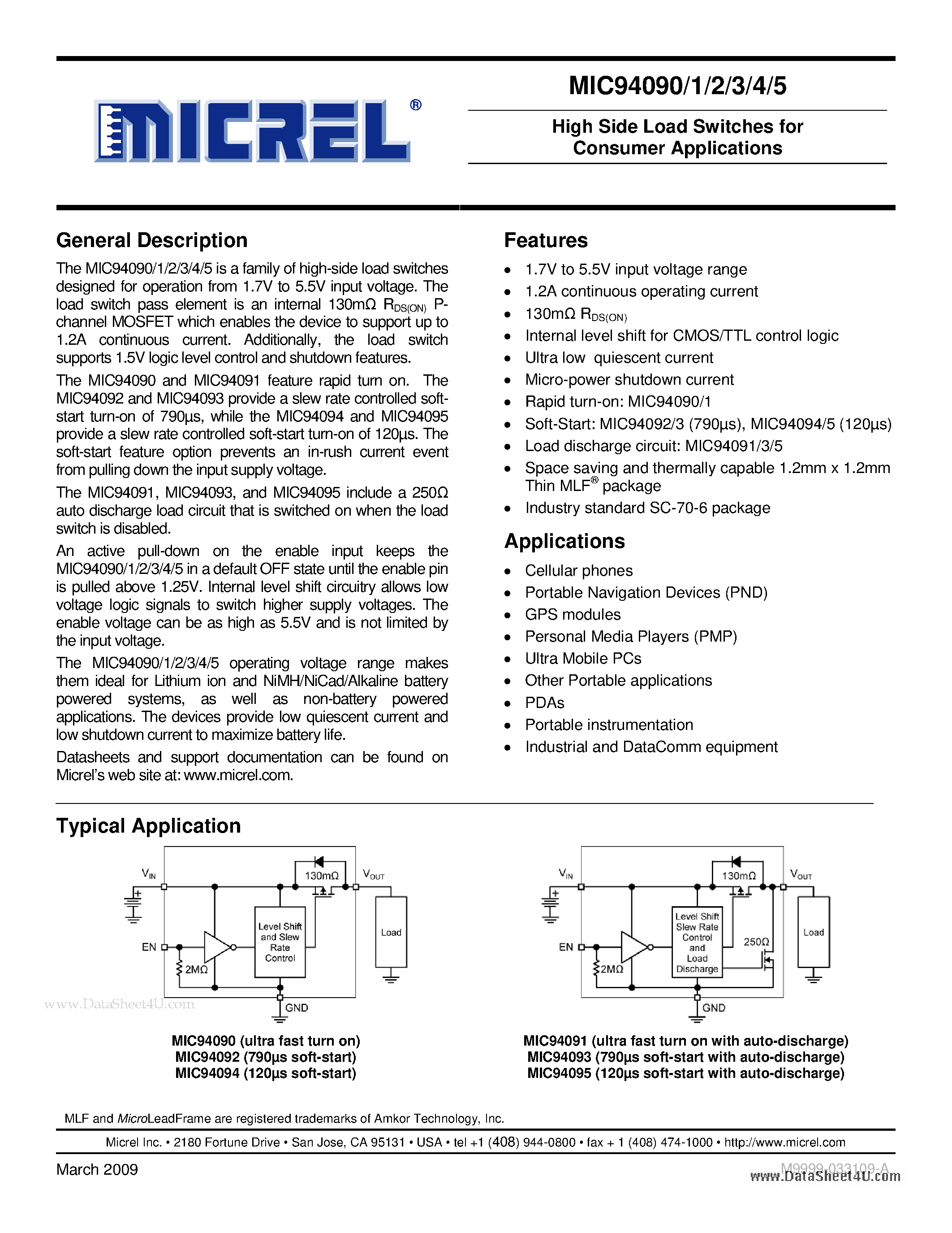 Даташит MIC94090 - (MIC94090 - MIC94095) High Side Load Switches страница 1