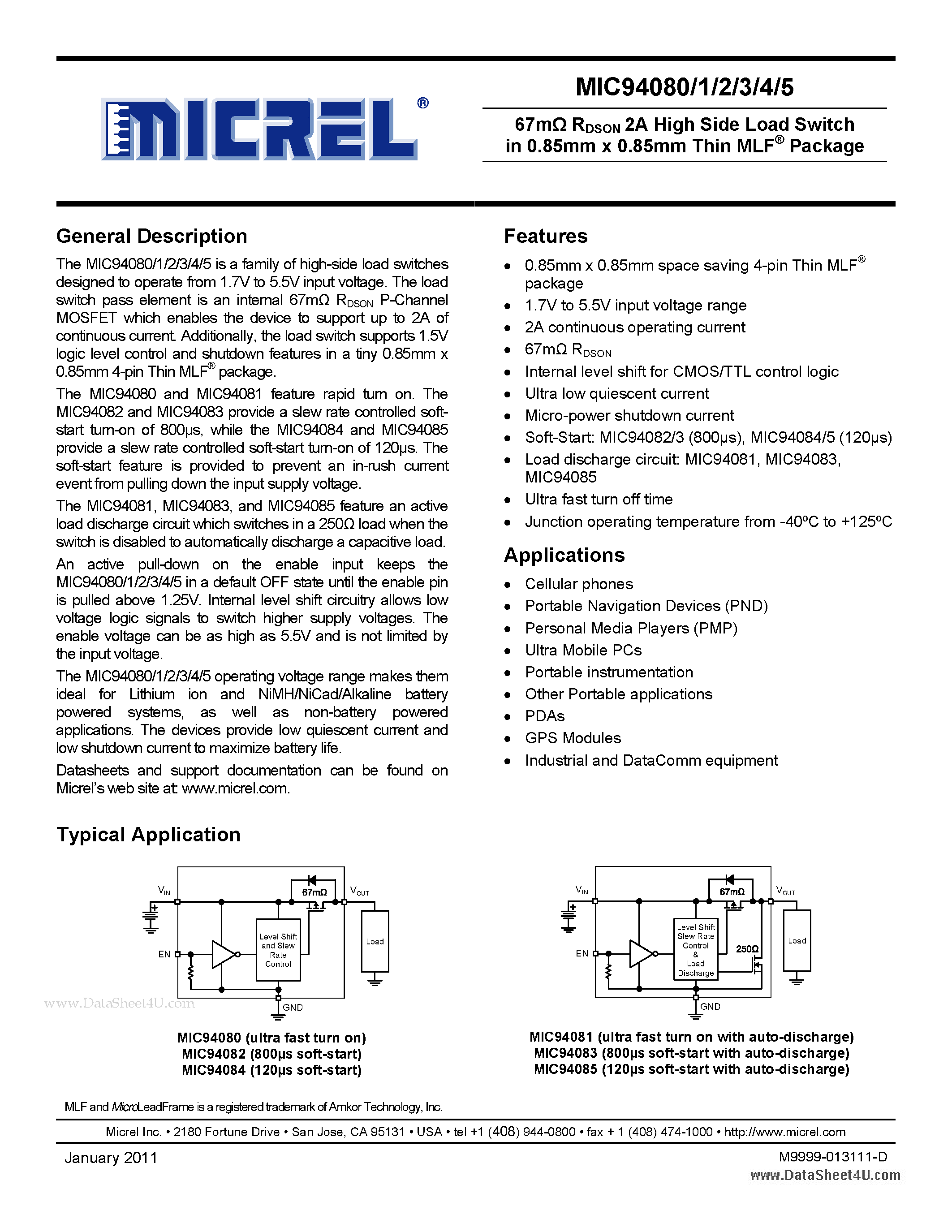 Datasheet MIC94080 - (MIC94080 - MIC94085) RDSON 2A High Side Load Switch page 1
