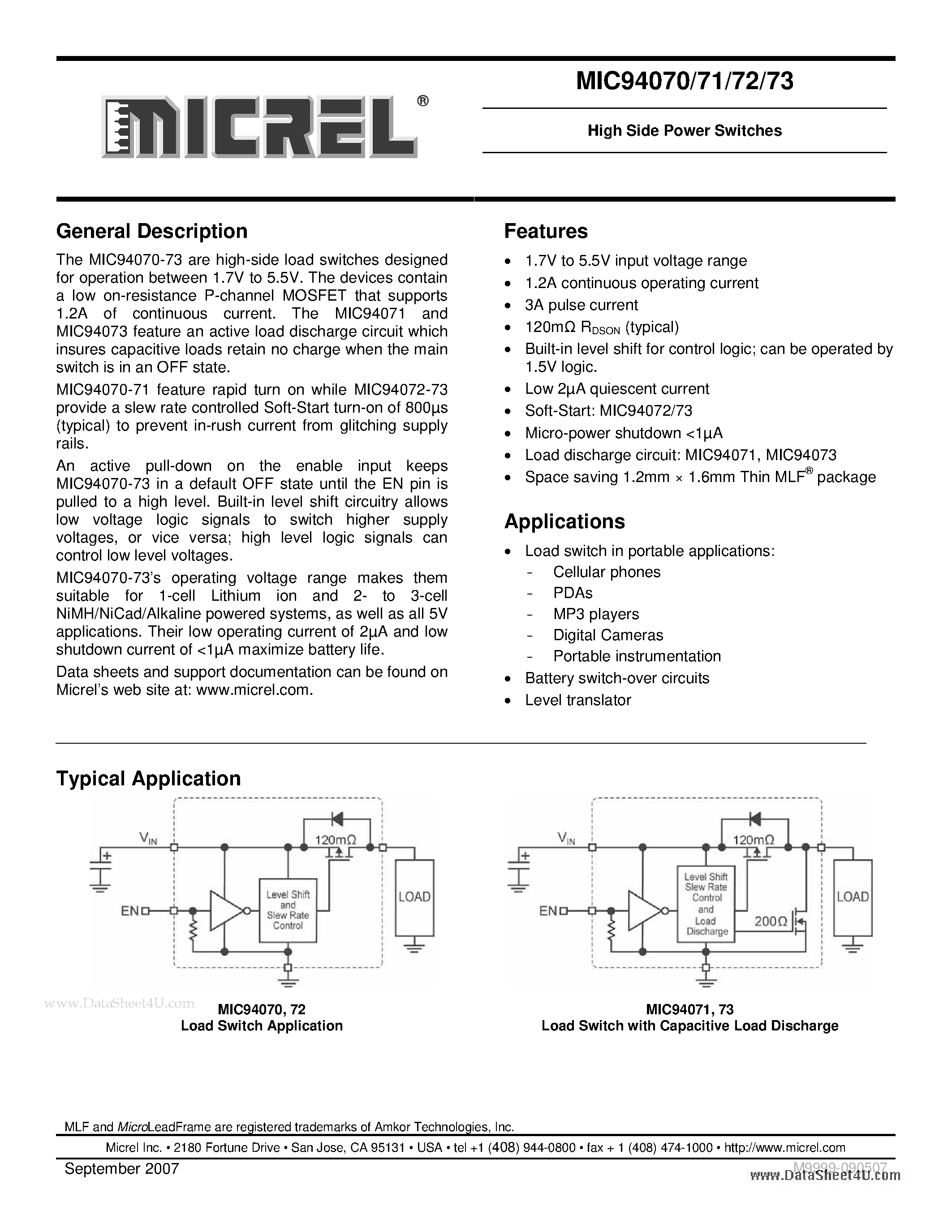 Даташит на микросхему MIC94070 страница 1 Даташит MIC94070 - (MIC94070 - MIC94073) High Side Power Switches страница 1