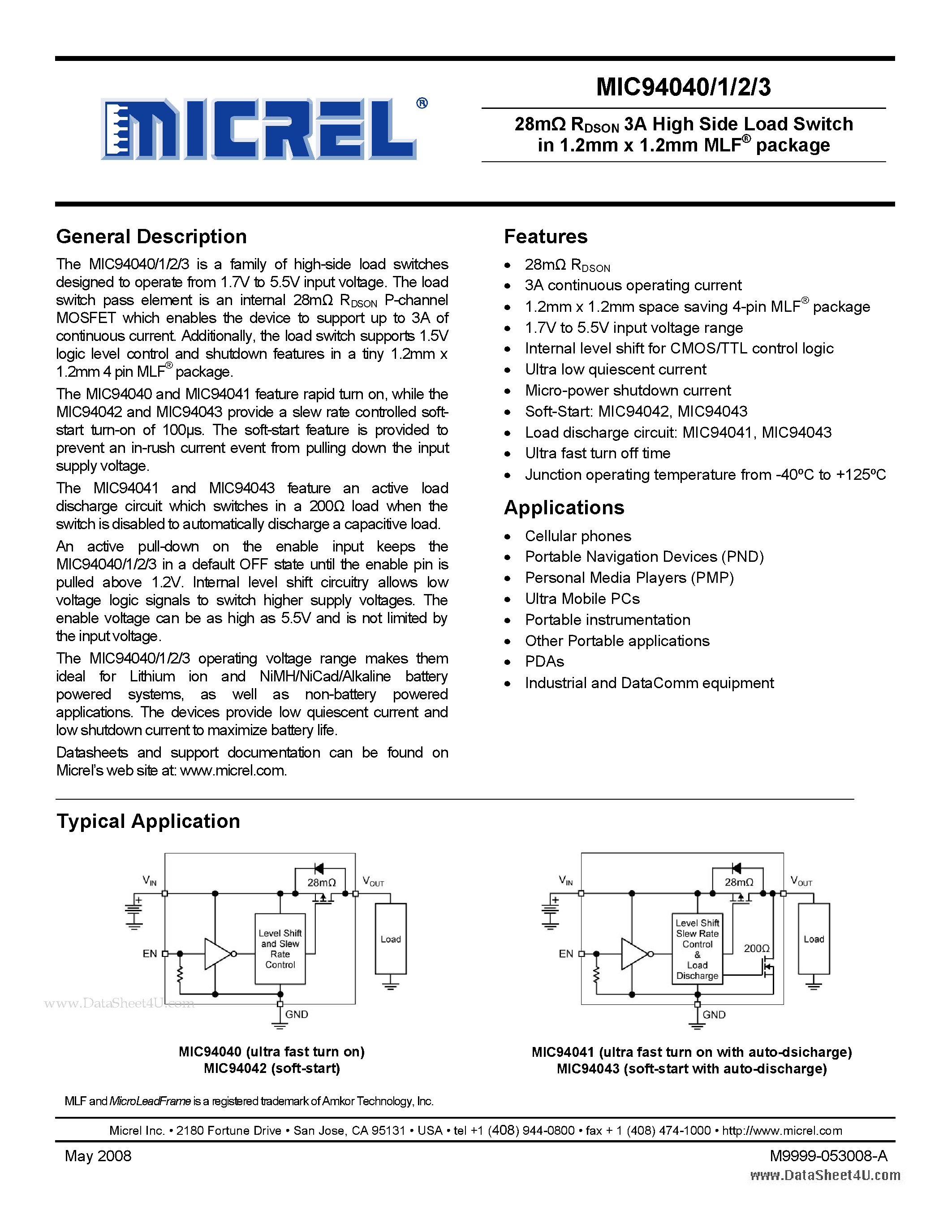 Datasheet MIC94040 - (MIC94040 - MIC94043) RDSON 3A High Side Load Switch page 1
