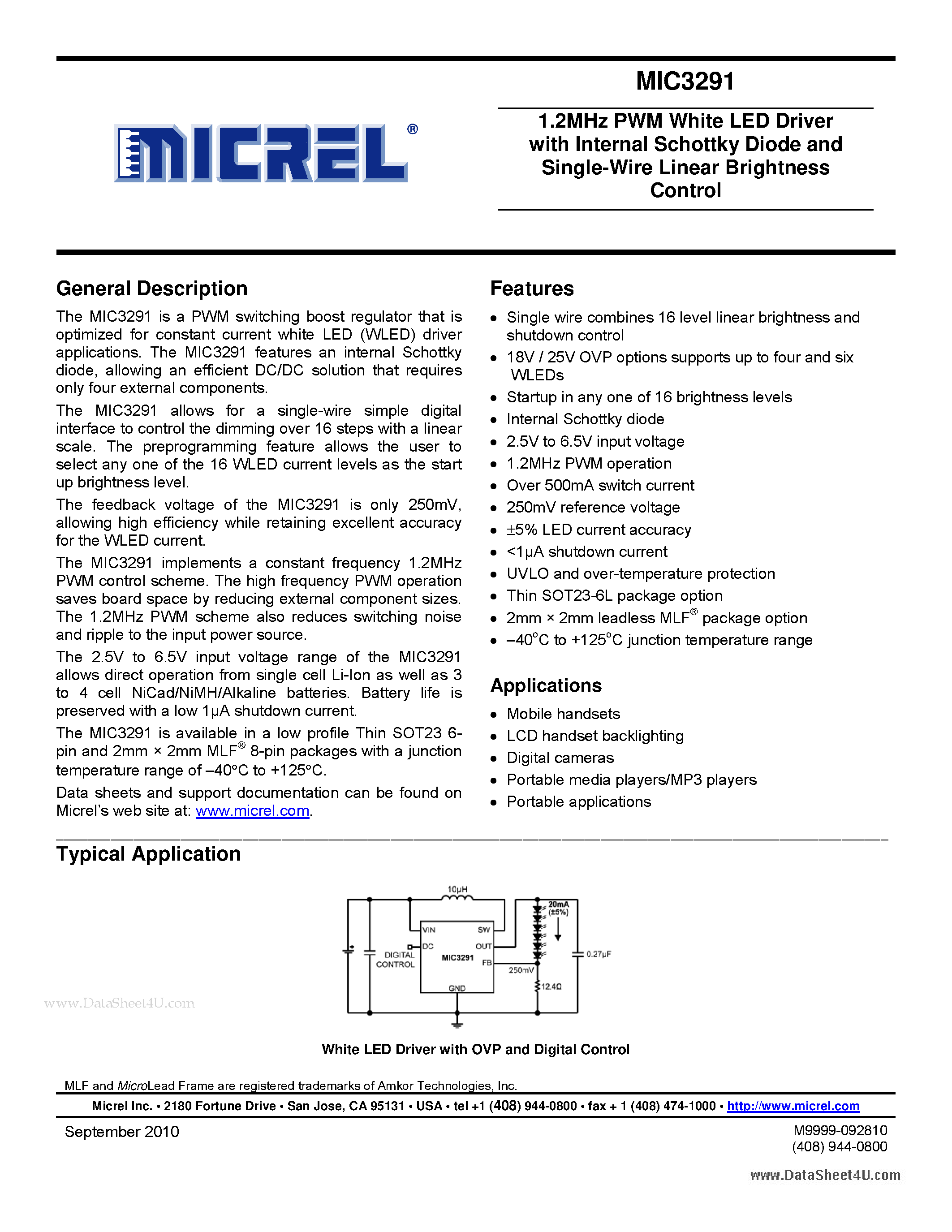 Datasheet MIC3291 - 1.2MHz PWM White LED Driver page 1