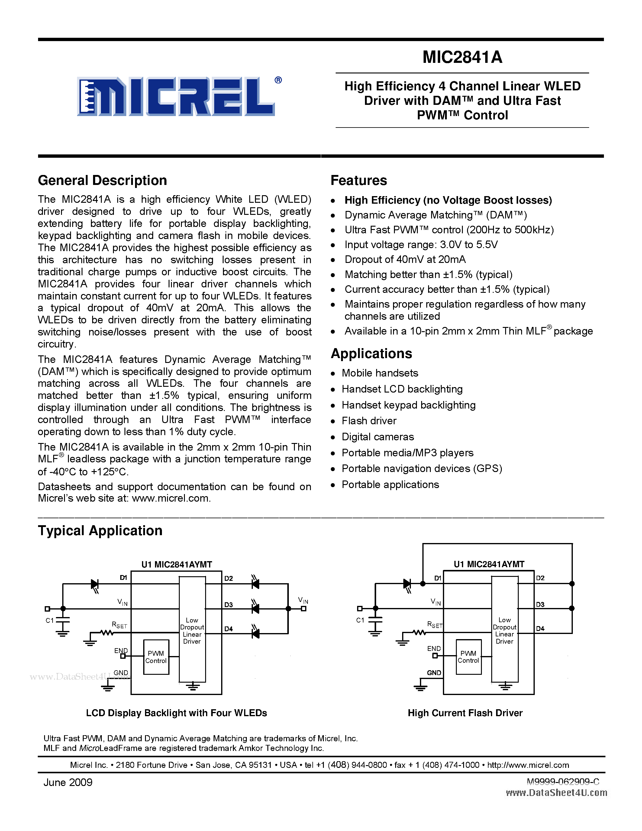 Datasheet MIC2841A - High Efficiency 4 Channel Linear WLED Driver page 1