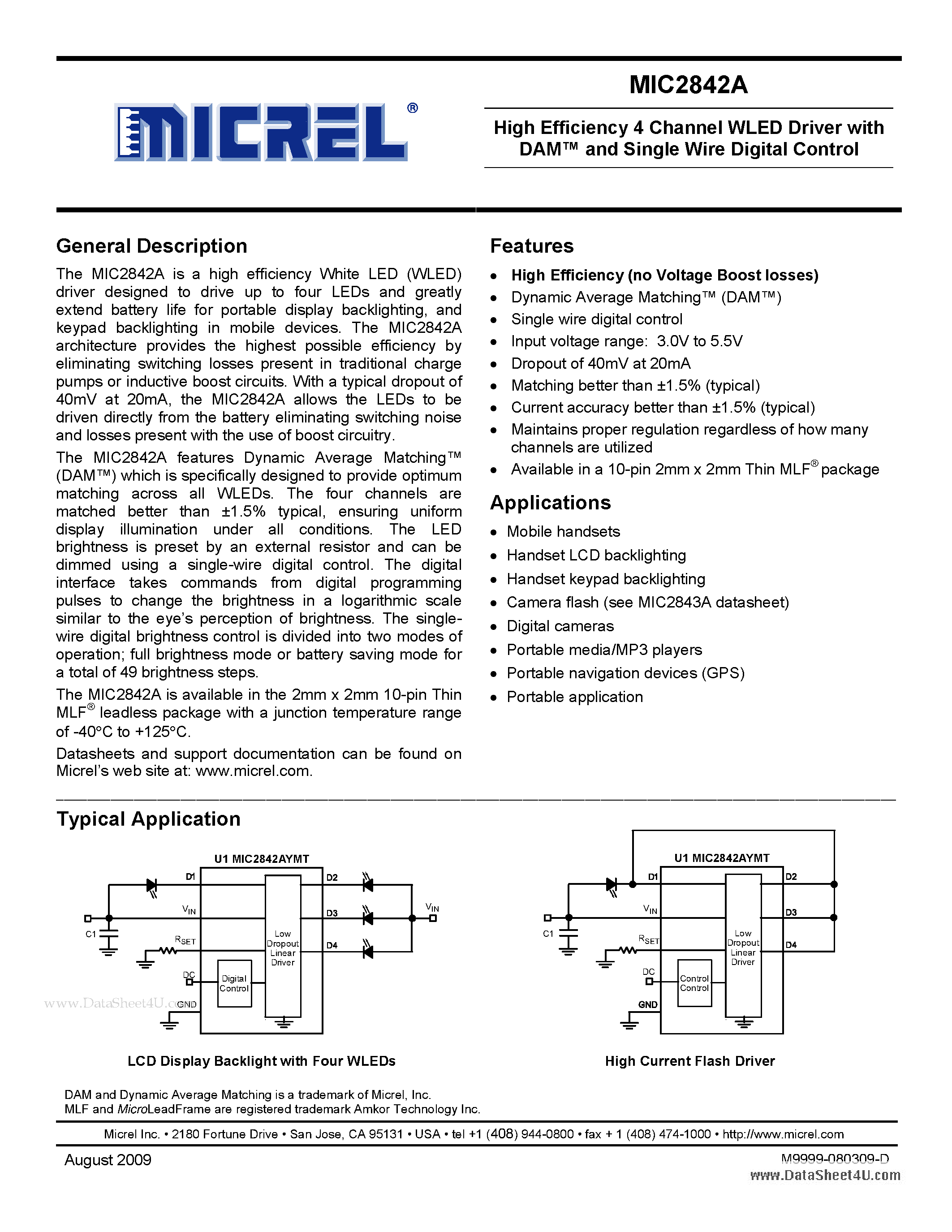 Datasheet MIC2842A - High Efficiency 4 Channel WLED Driver page 1