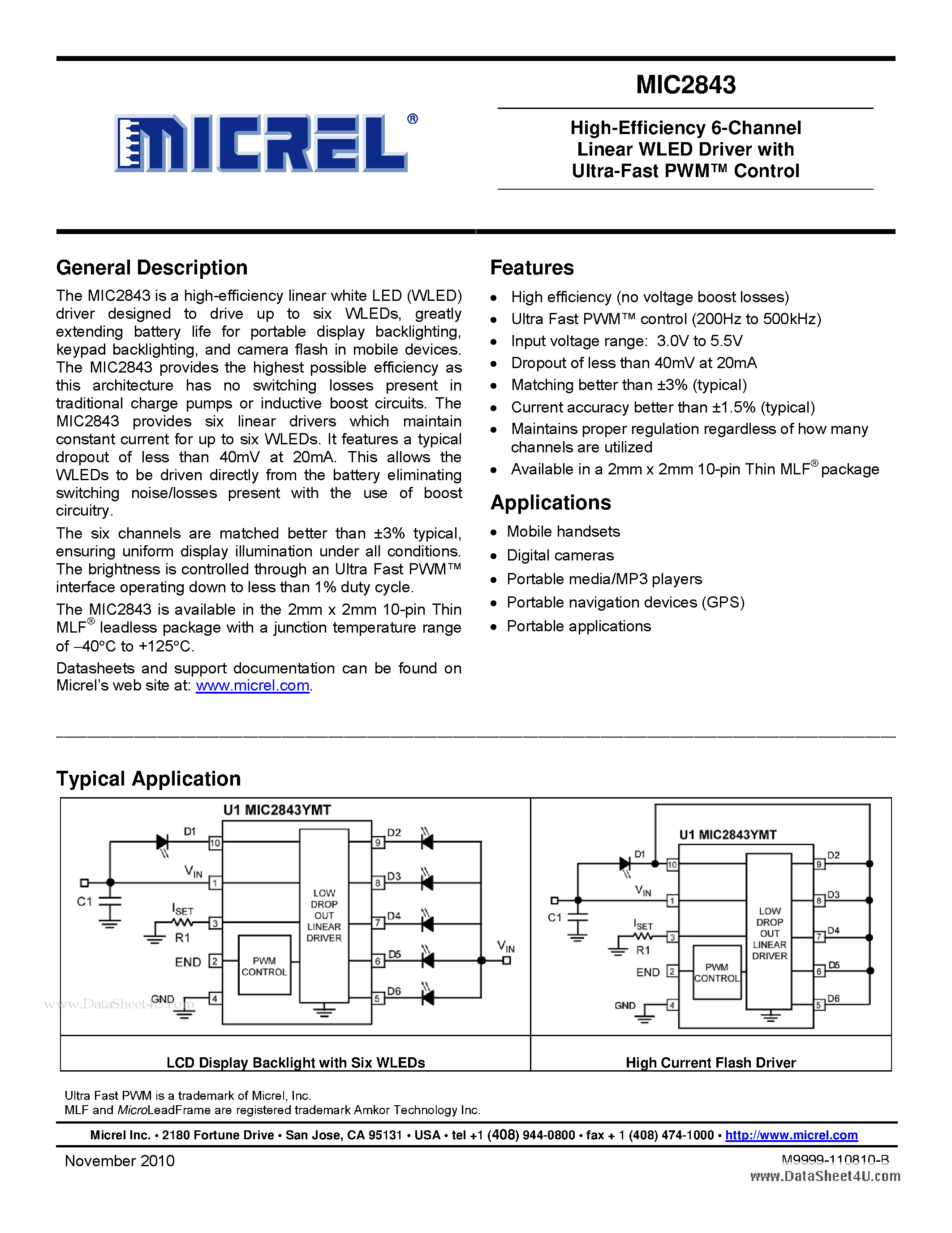 Datasheet MIC2843 page 1 Datasheet MIC2843 - High-Efficiency 6-Channel Linear WLED Driver page 1