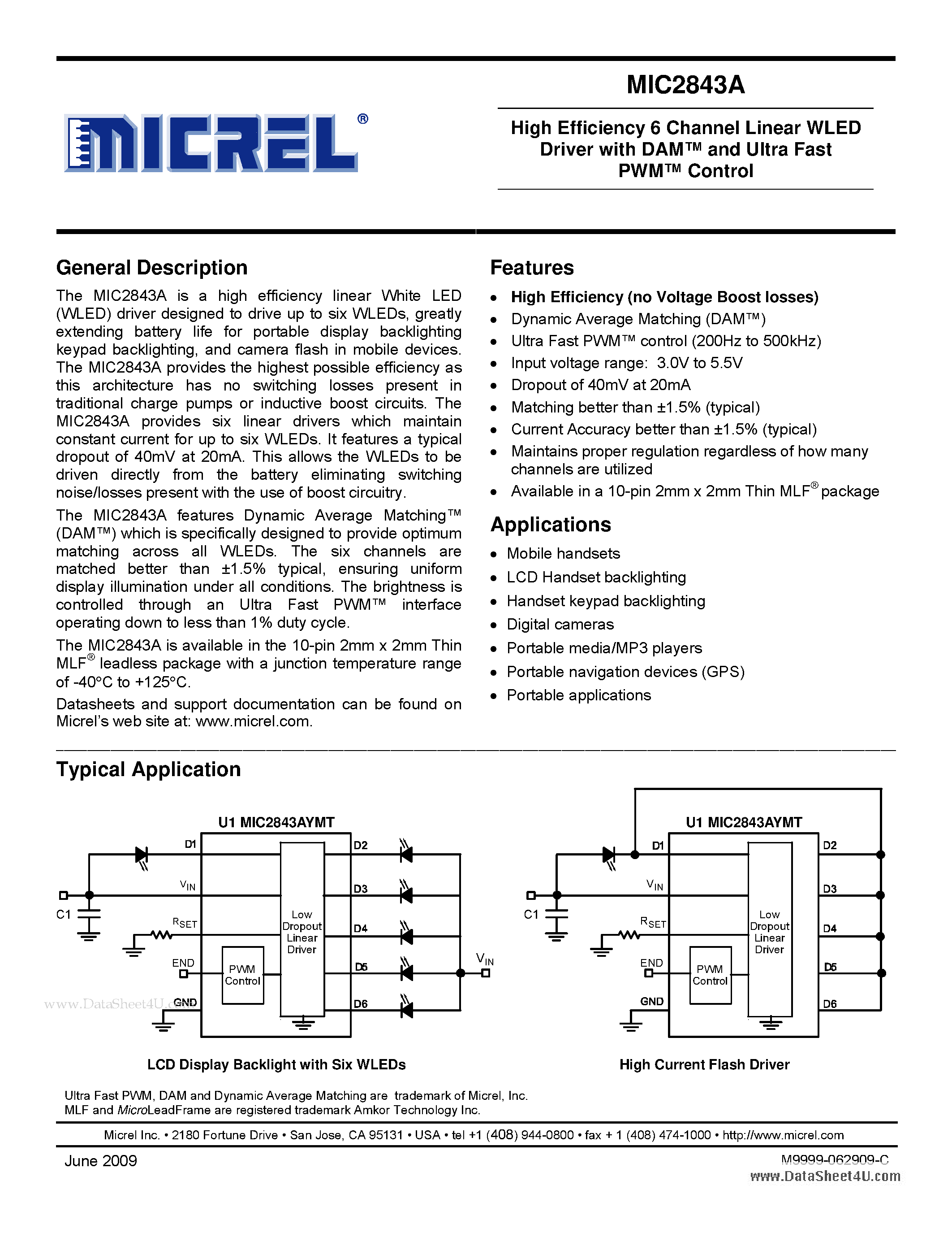 Datasheet MIC2843A - High-Efficiency 6-Channel Linear WLED Driver page 1