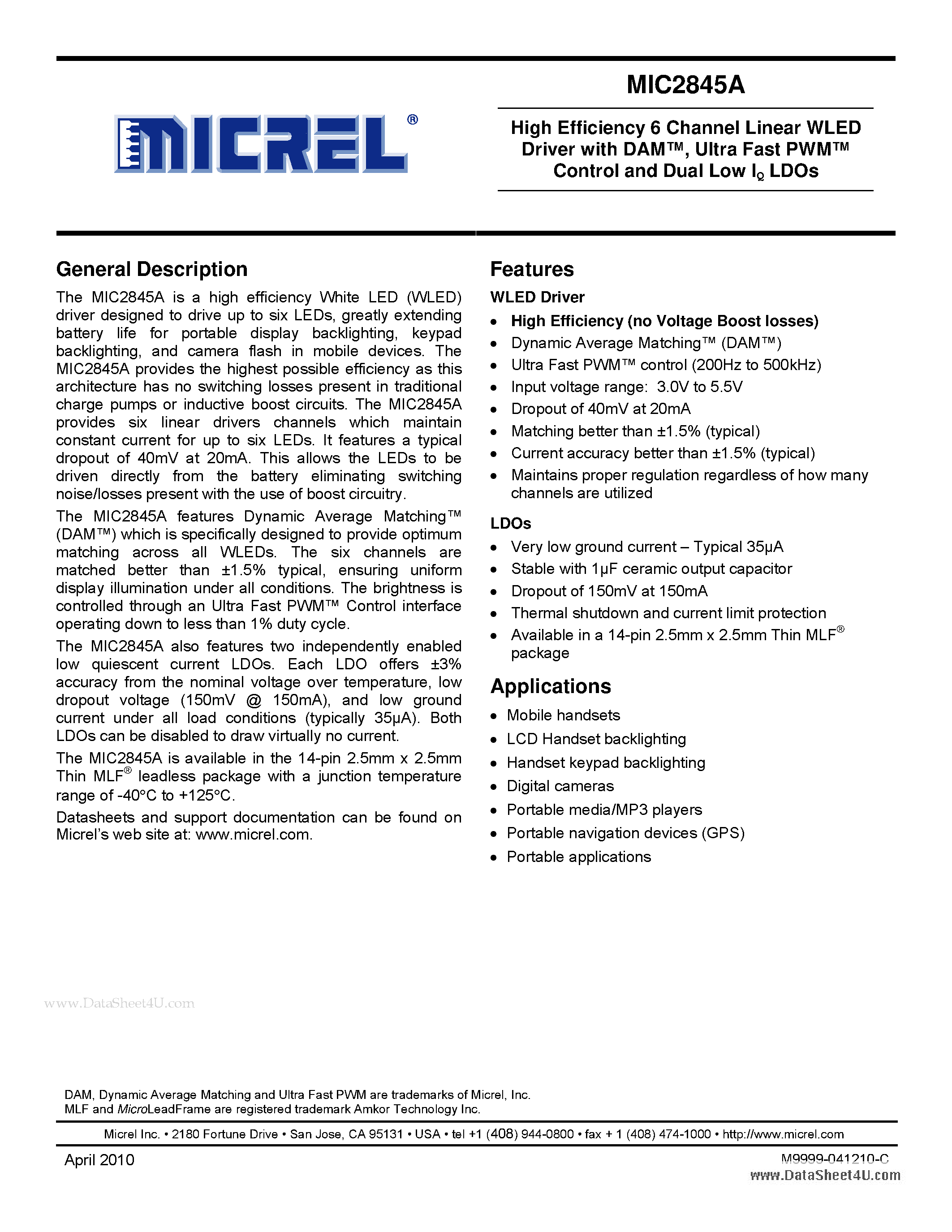 Datasheet MIC2845A - High Efficiency 6 Channel Linear WLED Driver page 1
