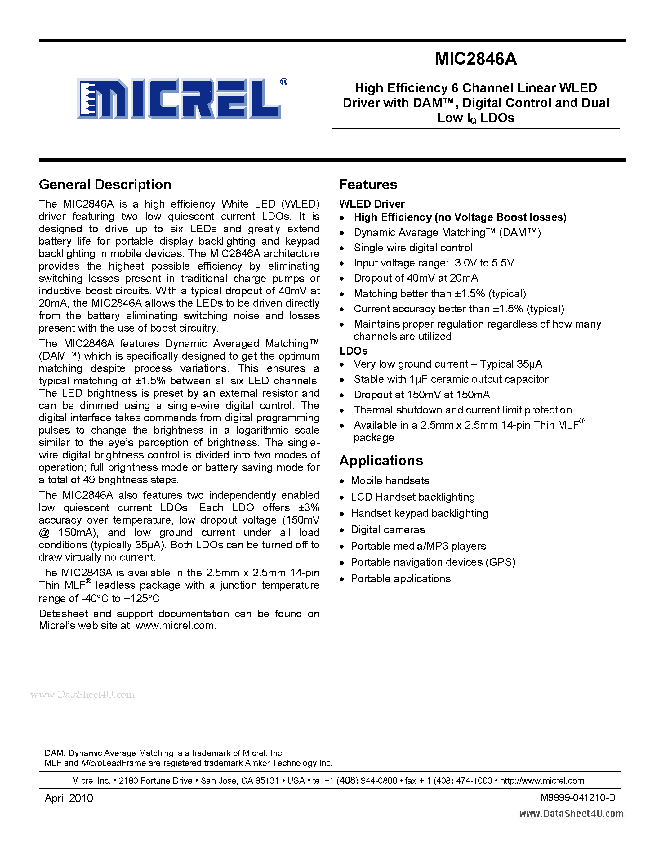 Datasheet MIC2846A - High Efficiency 6 Channel Linear WLED Driver page 1