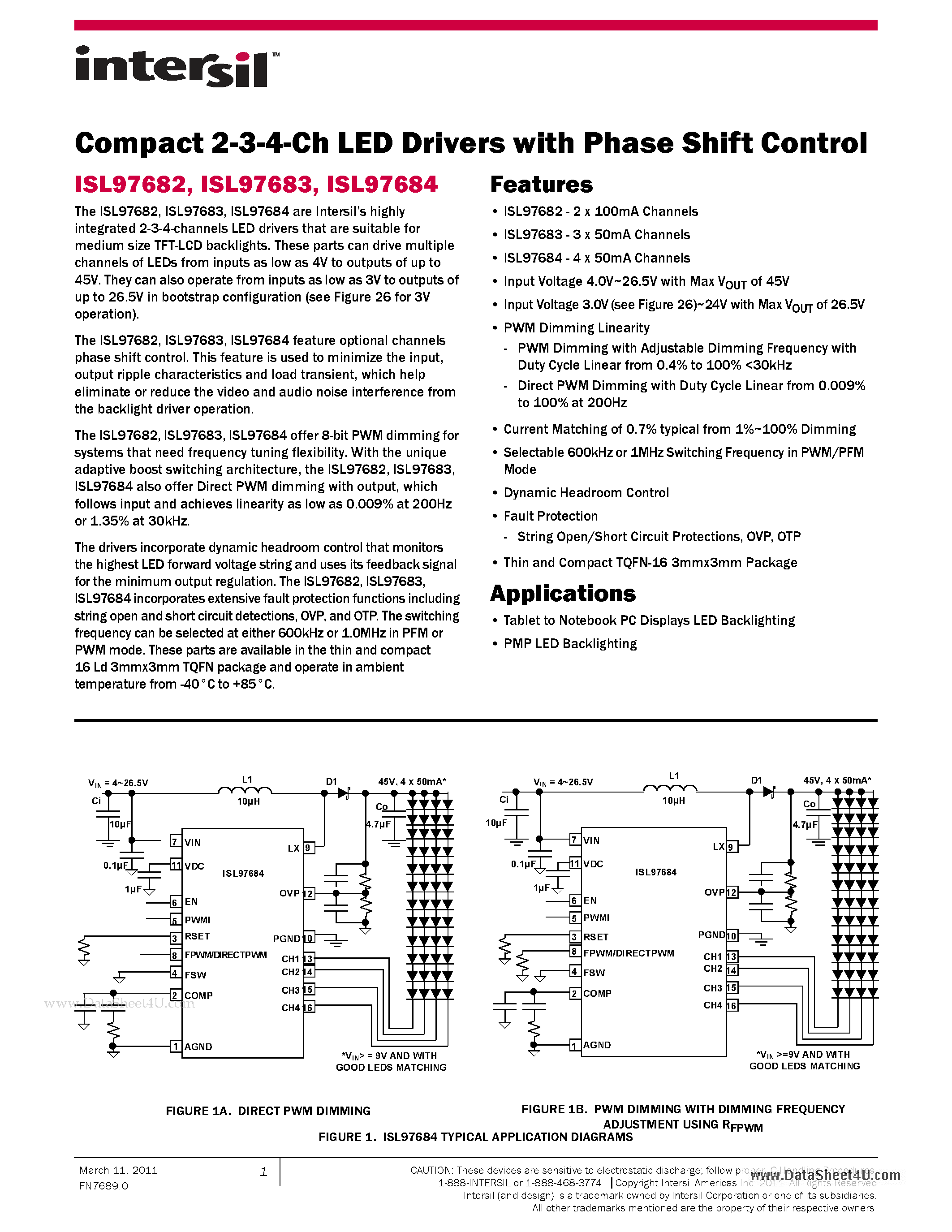 Даташит на микросхему ISL97682 страница 1 Даташит ISL97682 - (ISL97682 - ISL97684) Compact 2-3-4-Ch LED Drivers страница 1