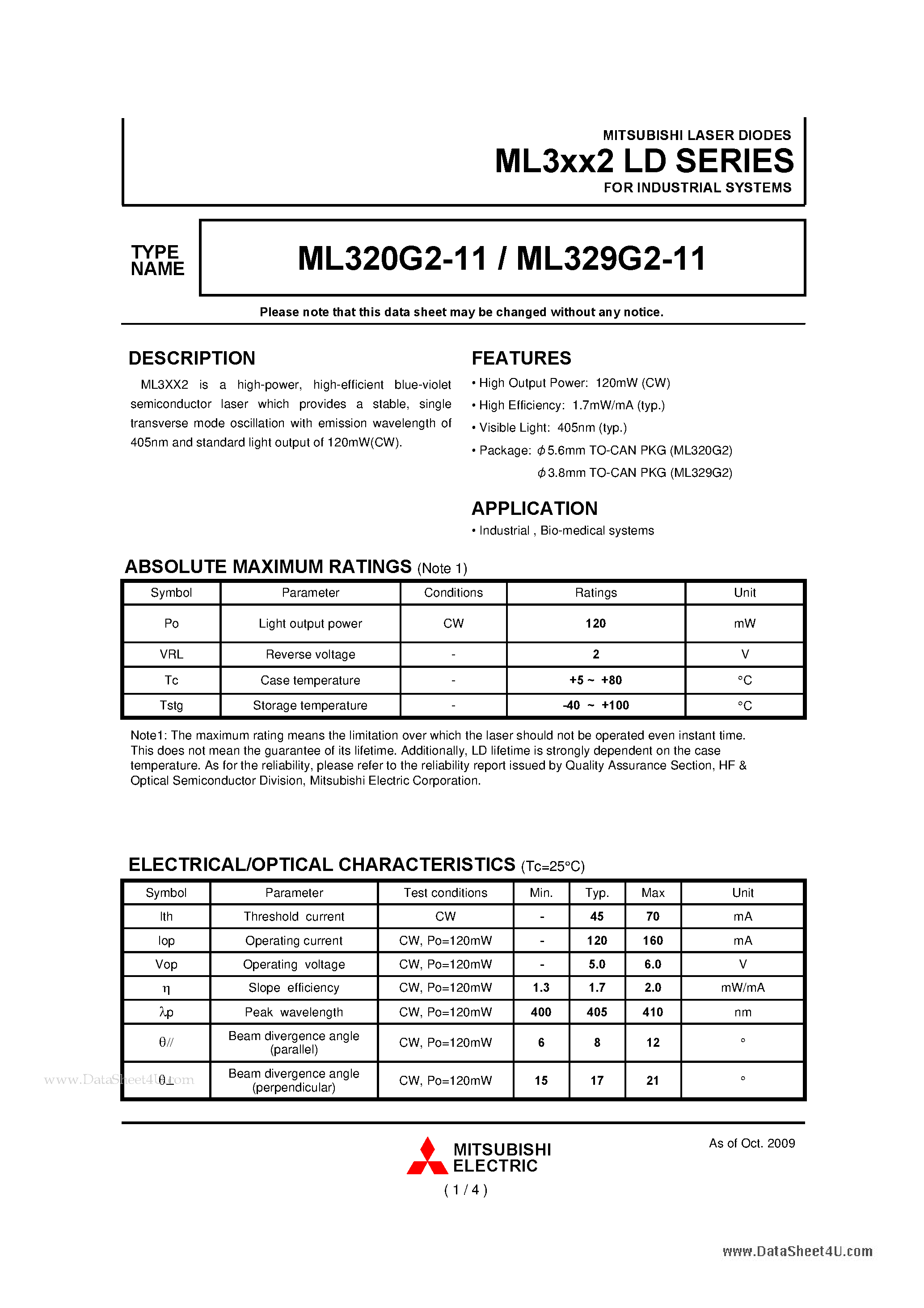 Даташит на микросхему ML320G2-11 страница 1 Даташит ML320G2-11 - LASER DIODES FOR INDUSTRIAL SYSTEMS страница 1