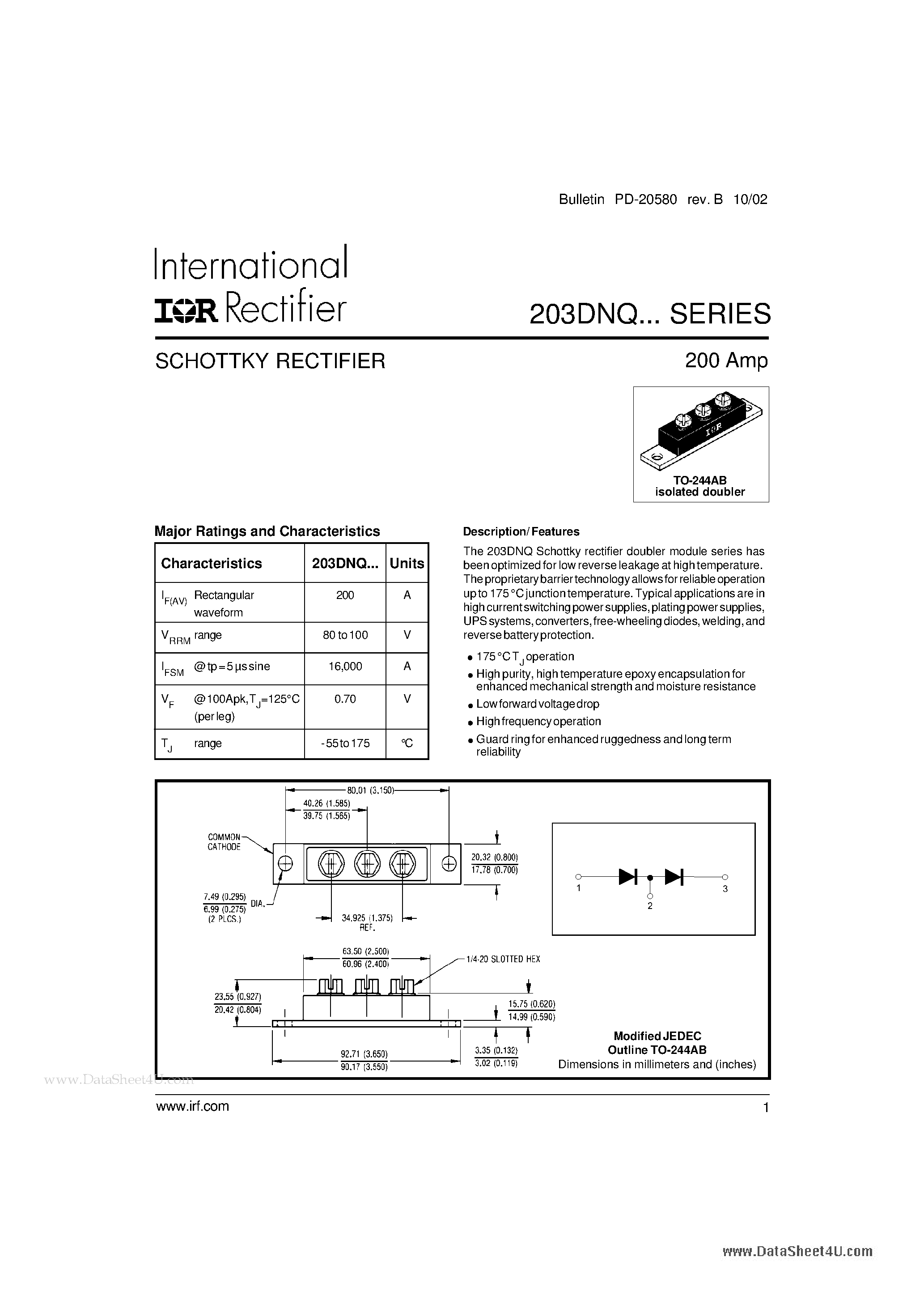 Datasheet 203DNQ - Schottky Rectifier page 1