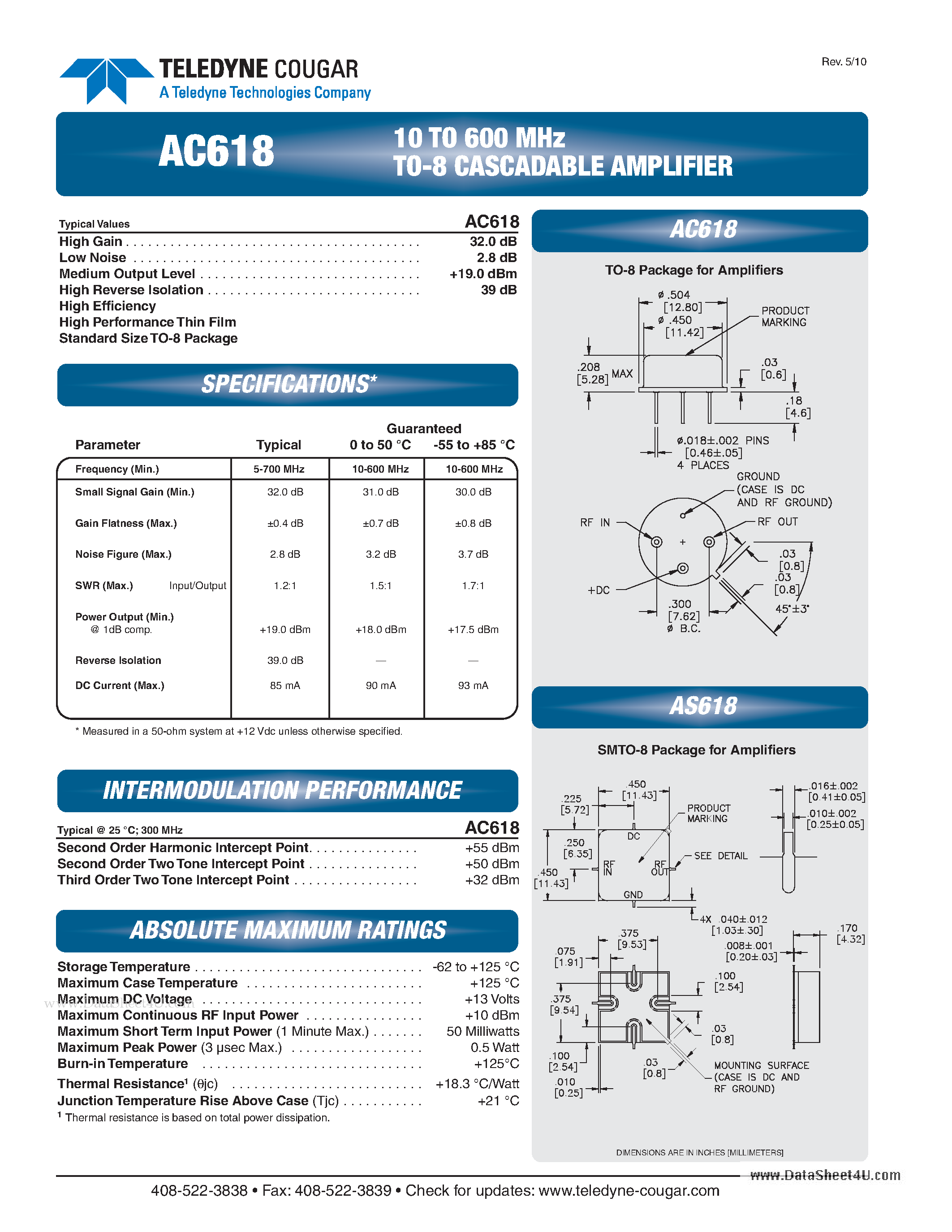 Даташит AS618 - 10 TO 600MHz TO-8 CASCADABLE AMPLIFIER страница 1