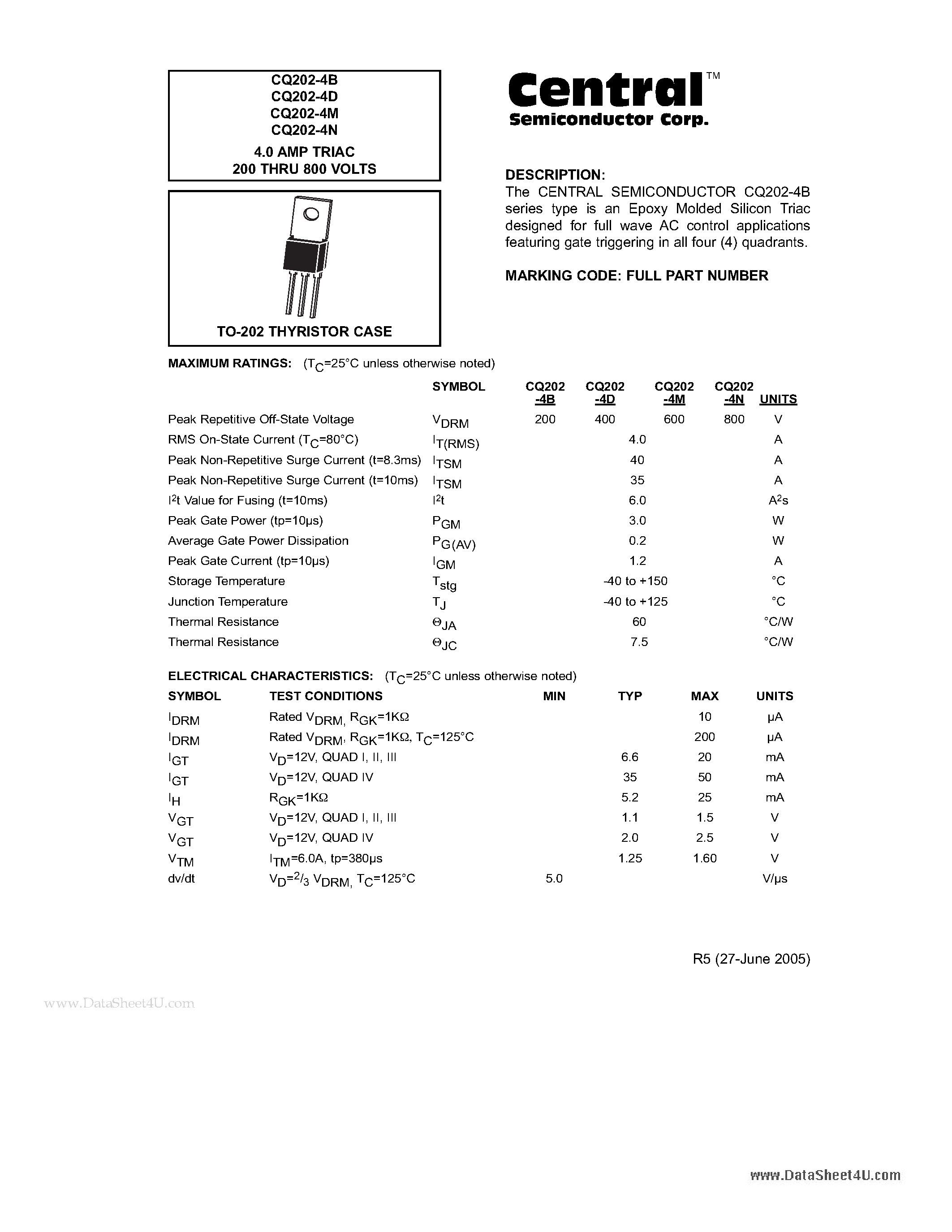 Datasheet CQ202-4B - 4.0 AMP TRIAC 200 THRU 800 VOLTS page 1