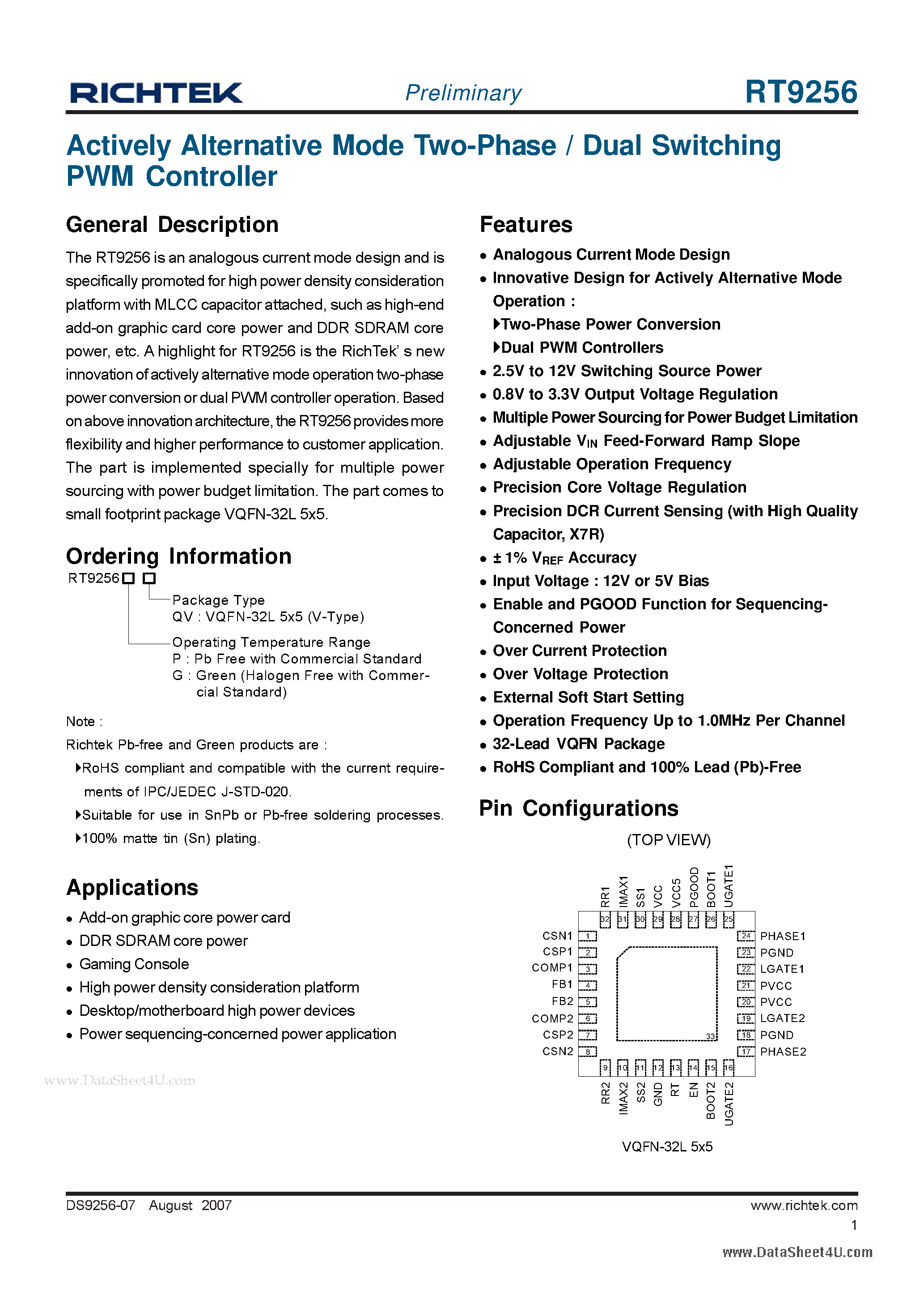 Даташит RT9256 - Actively Alternative Mode Two-Phase / Dual Switching PWM Controller страница 1