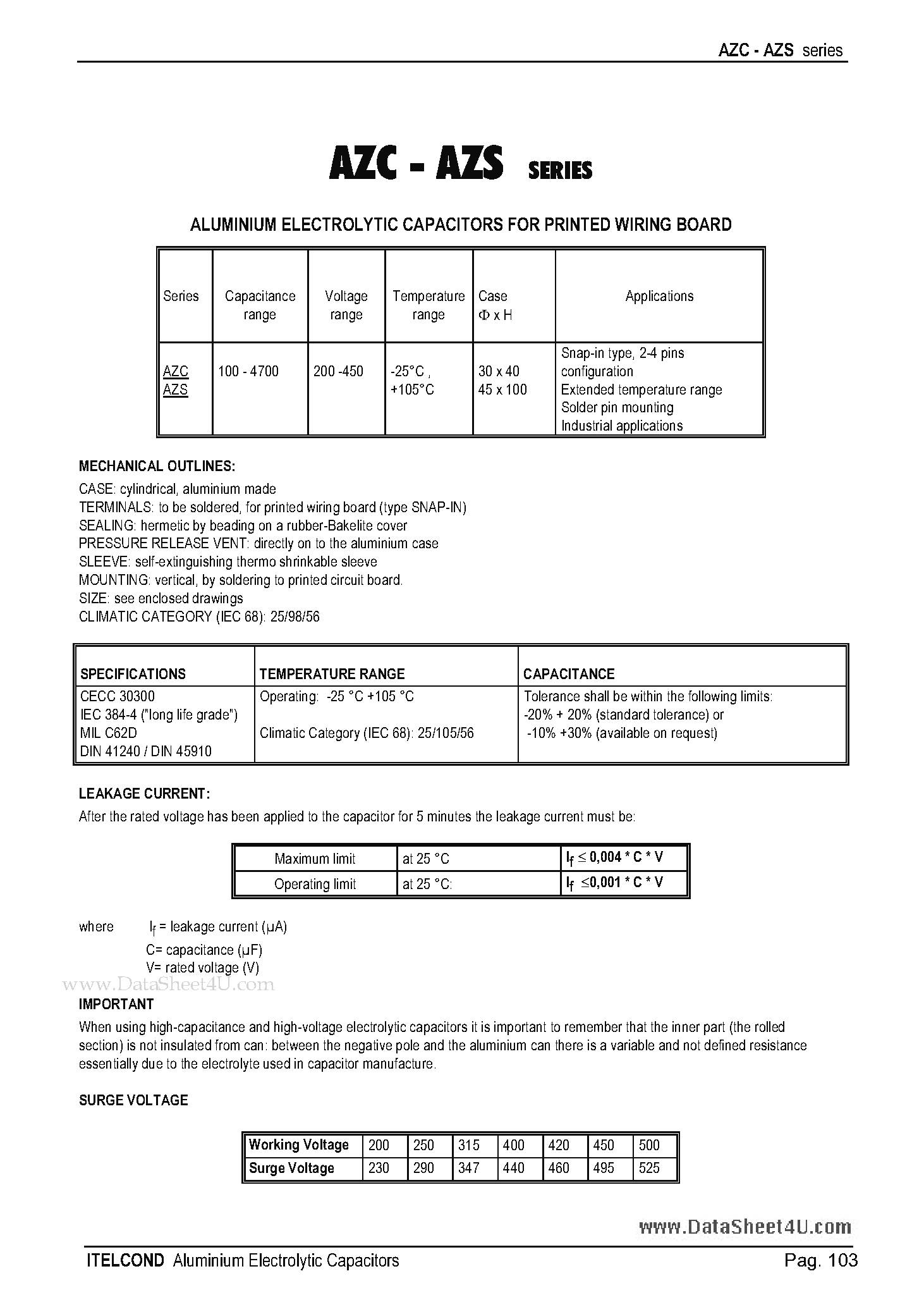 Datasheet AZC page 1 Datasheet AZC - ALUMINIUM ELECTROLYTIC CAPACITORS page 1
