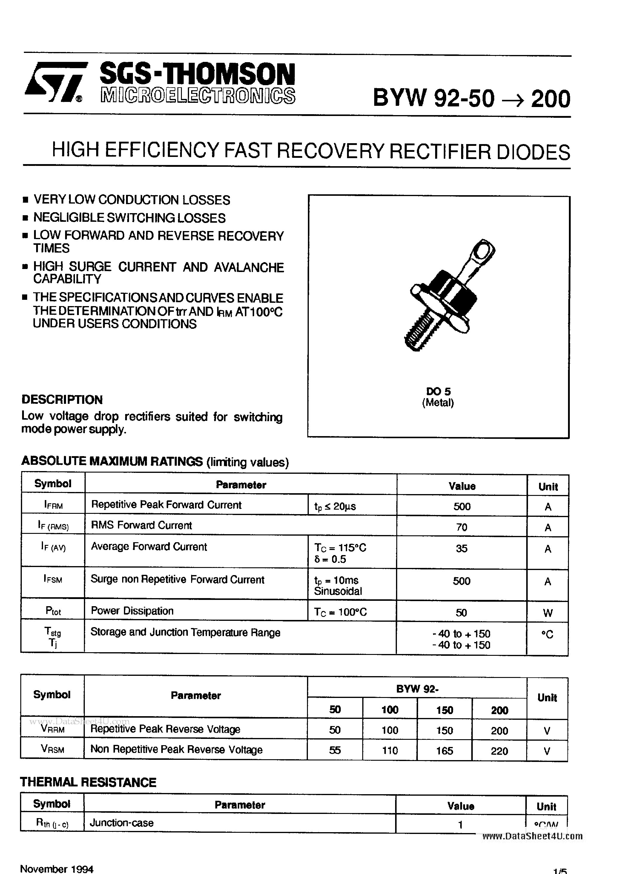 Datasheet BYW92-100 page 1 Datasheet BYW92-100 - High Efficiency Fast Recovery Rectifier Diodes page 1