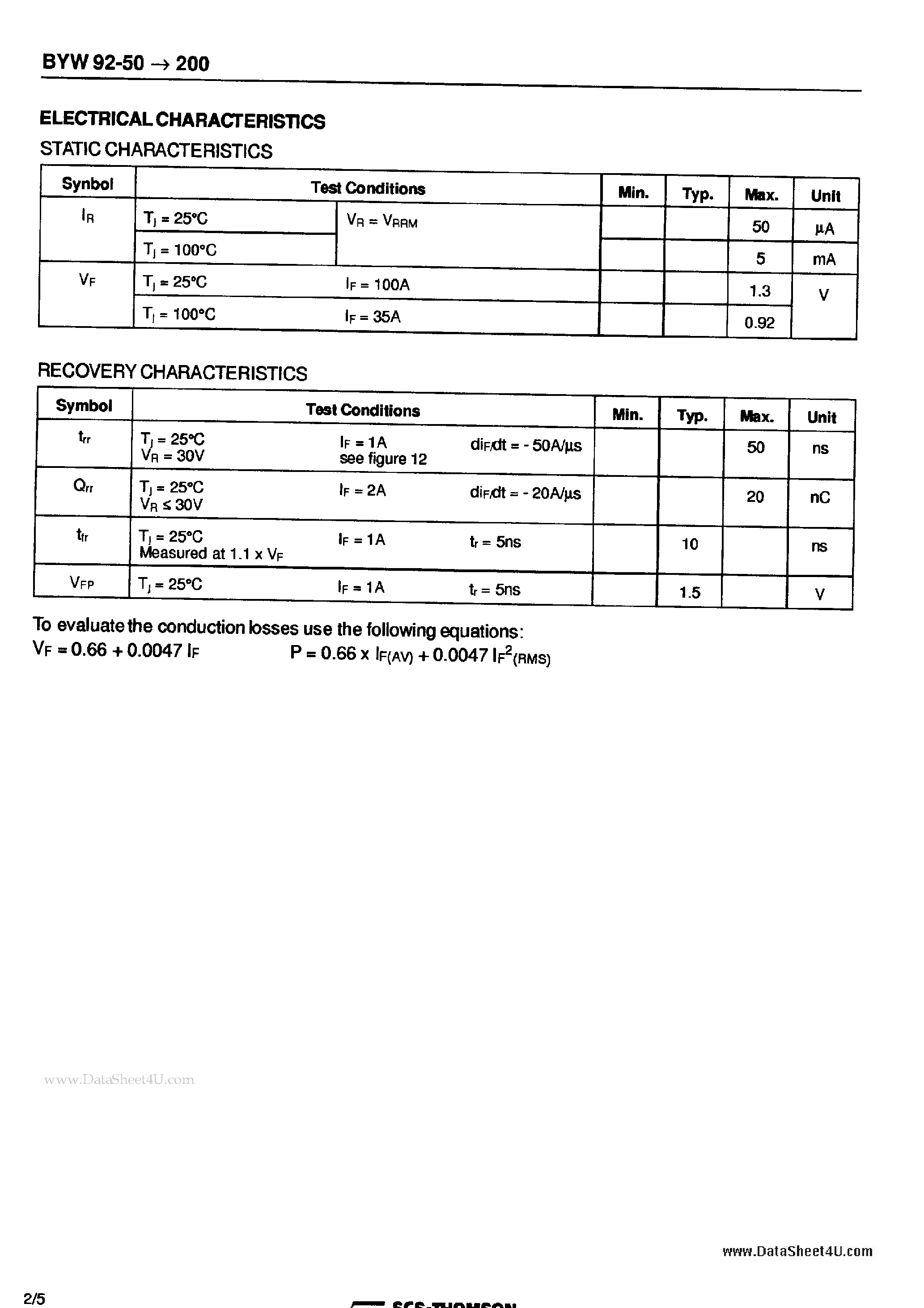 Datasheet BYW92-100 page 2 Datasheet BYW92-100 - High Efficiency Fast Recovery Rectifier Diodes page 2