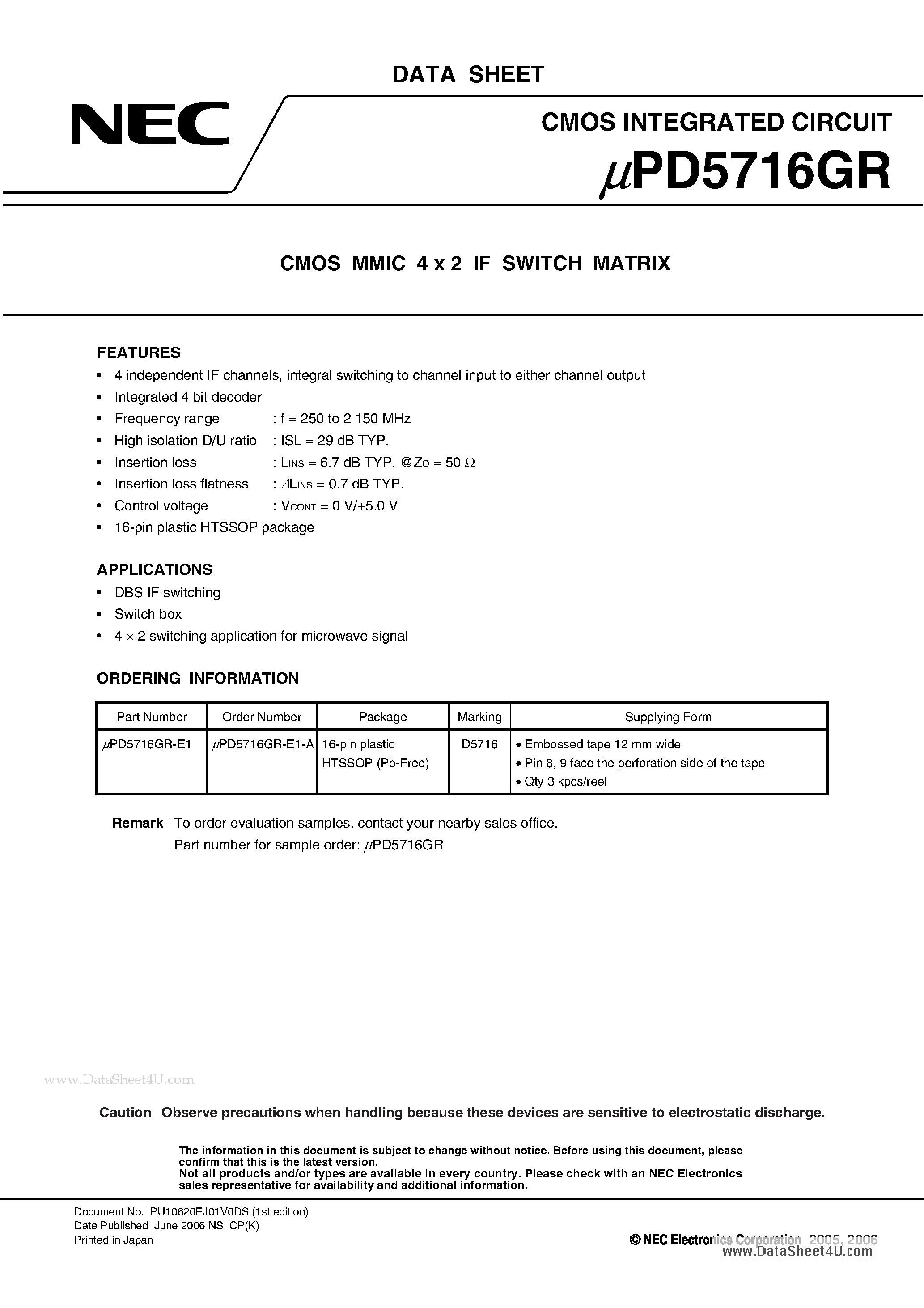 Datasheet UPD5716GR page 1 Datasheet UPD5716GR - CMOS MMIC 4 x 2 IF SWITCH MATRIX page 1