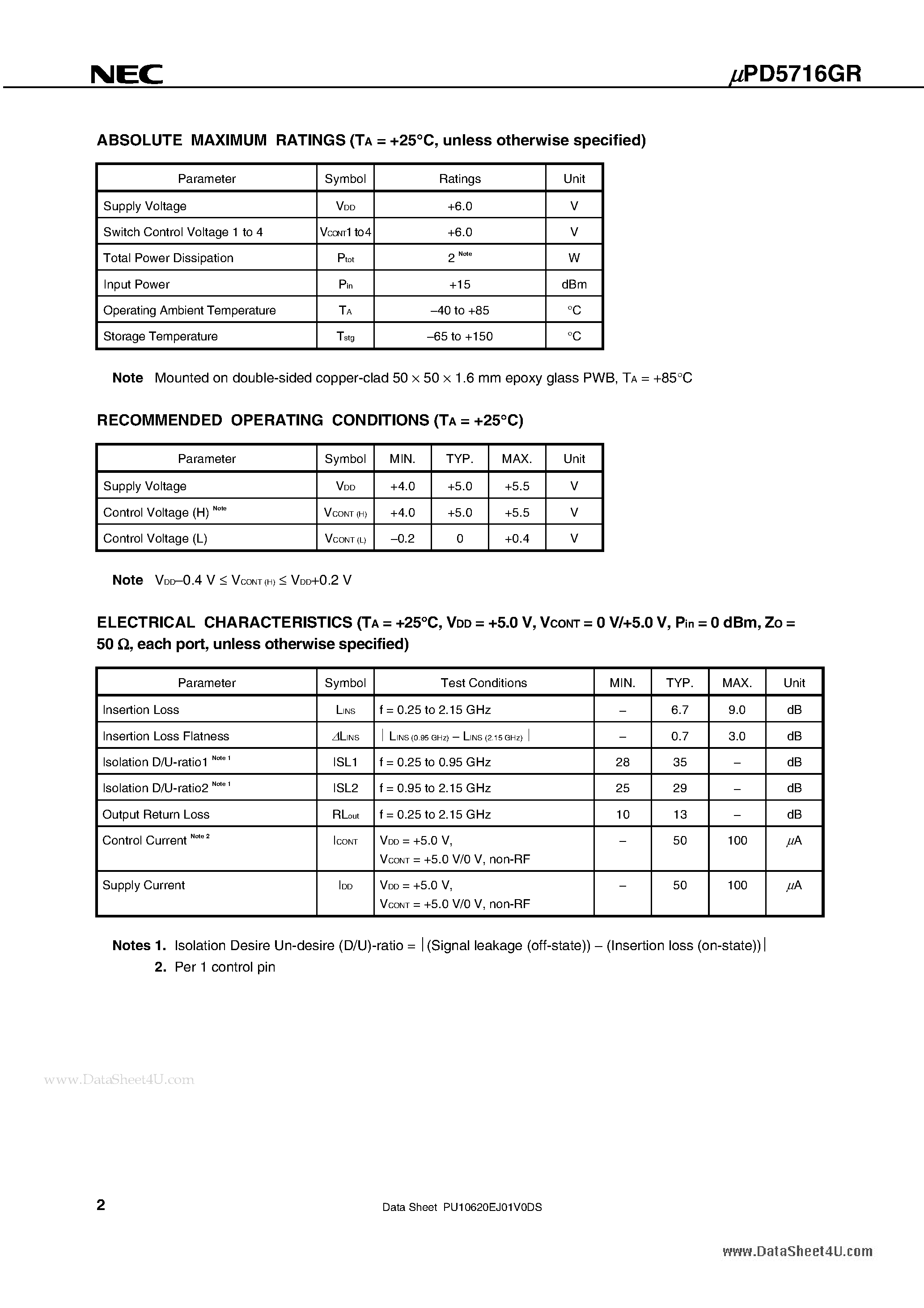 Datasheet UPD5716GR page 2 Datasheet UPD5716GR - CMOS MMIC 4 x 2 IF SWITCH MATRIX page 2