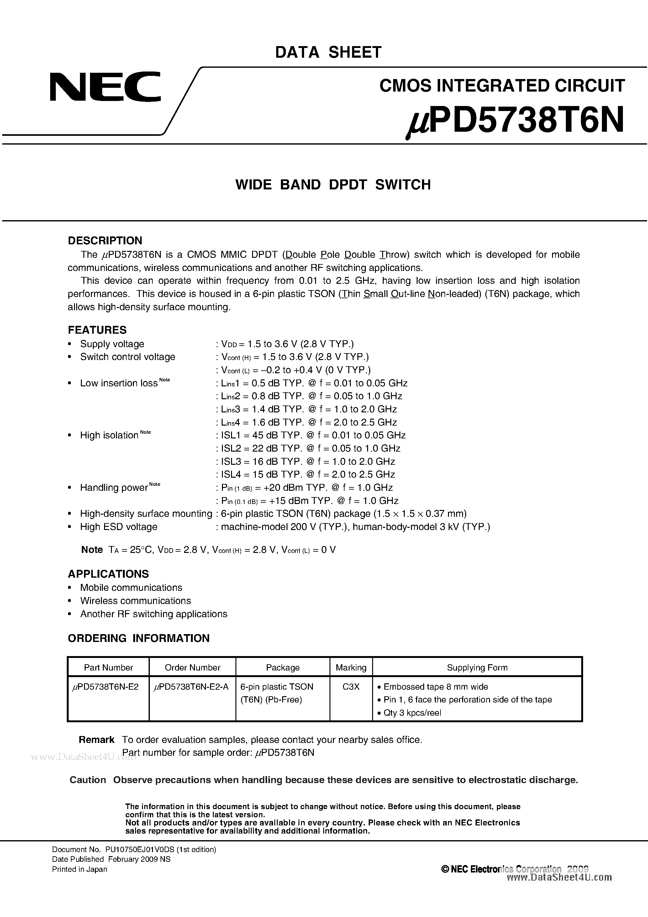 Datasheet UPD5738T6N page 1 Datasheet UPD5738T6N - WIDE BAND DPDT SWITCH page 1